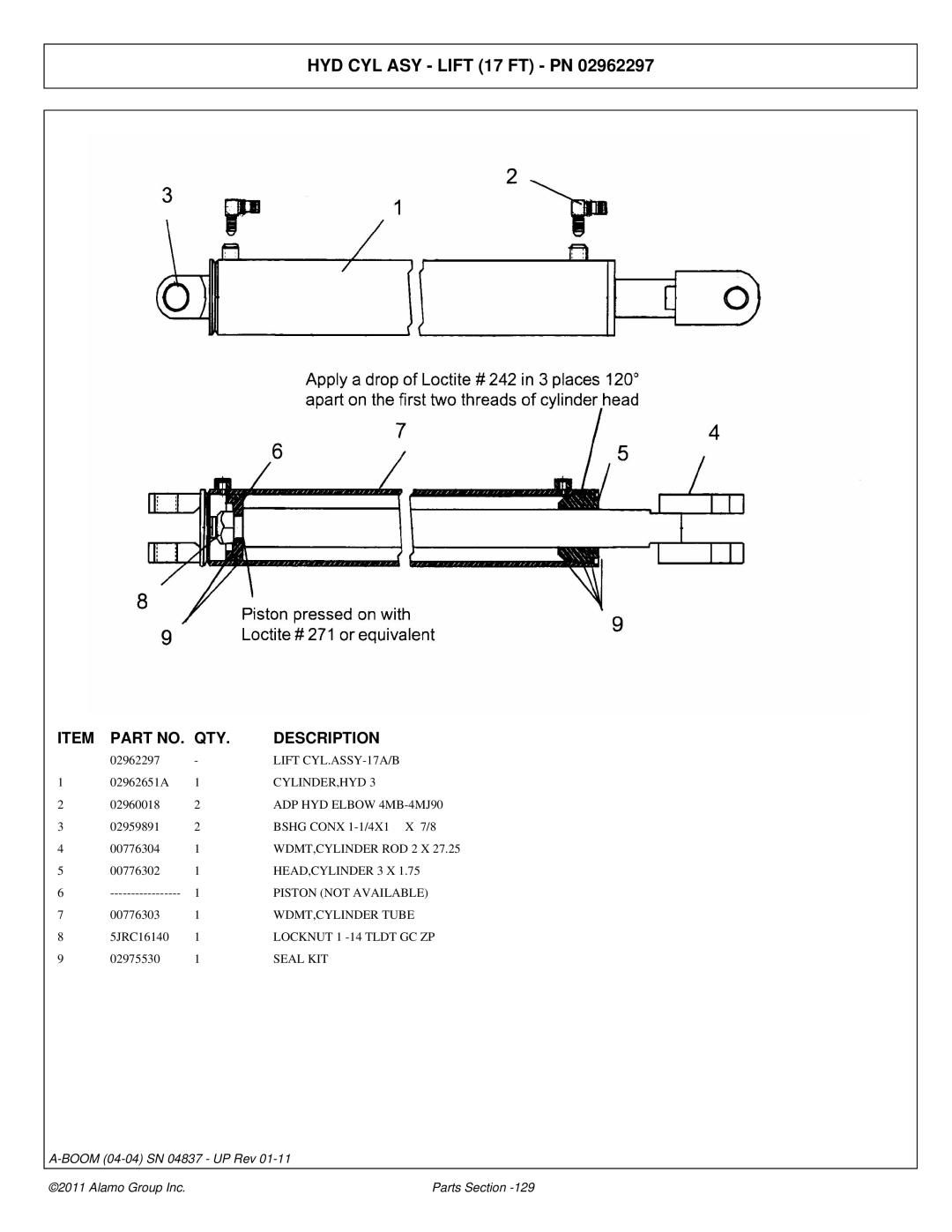 Alamo 4837 manual HYD CYL ASY Lift 17 FT PN 