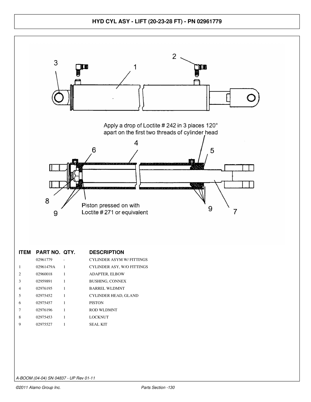 Alamo 4837 manual HYD CYL ASY Lift 20-23-28 FT PN, ADAPTER, Elbow 