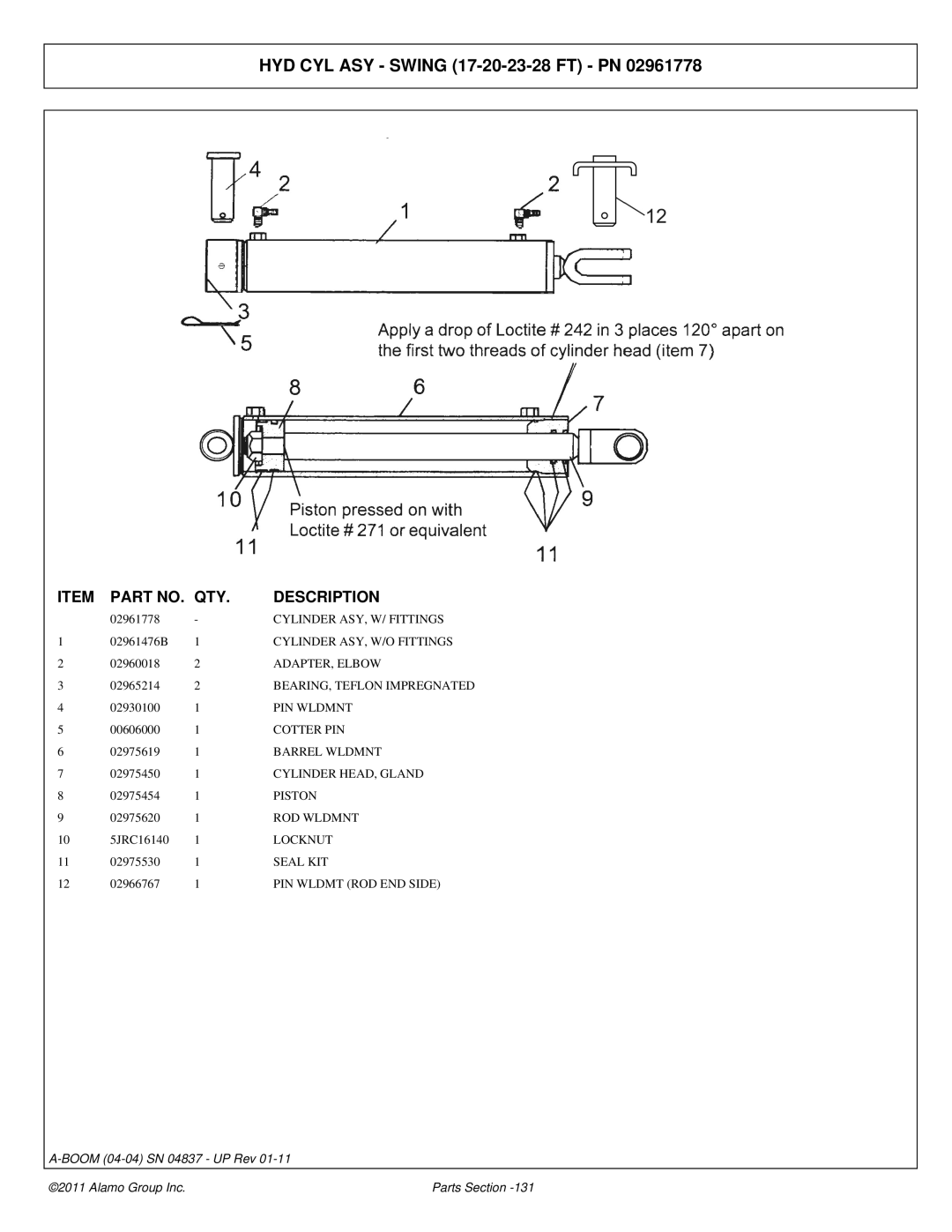 Alamo 4837 manual HYD CYL ASY Swing 17-20-23-28 FT PN, PIN Wldmt ROD END Side 