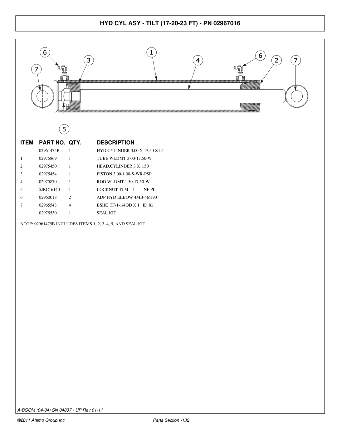 Alamo 4837 manual HYD CYL ASY Tilt 17-20-23 FT PN, Locknut TLM NF PL 