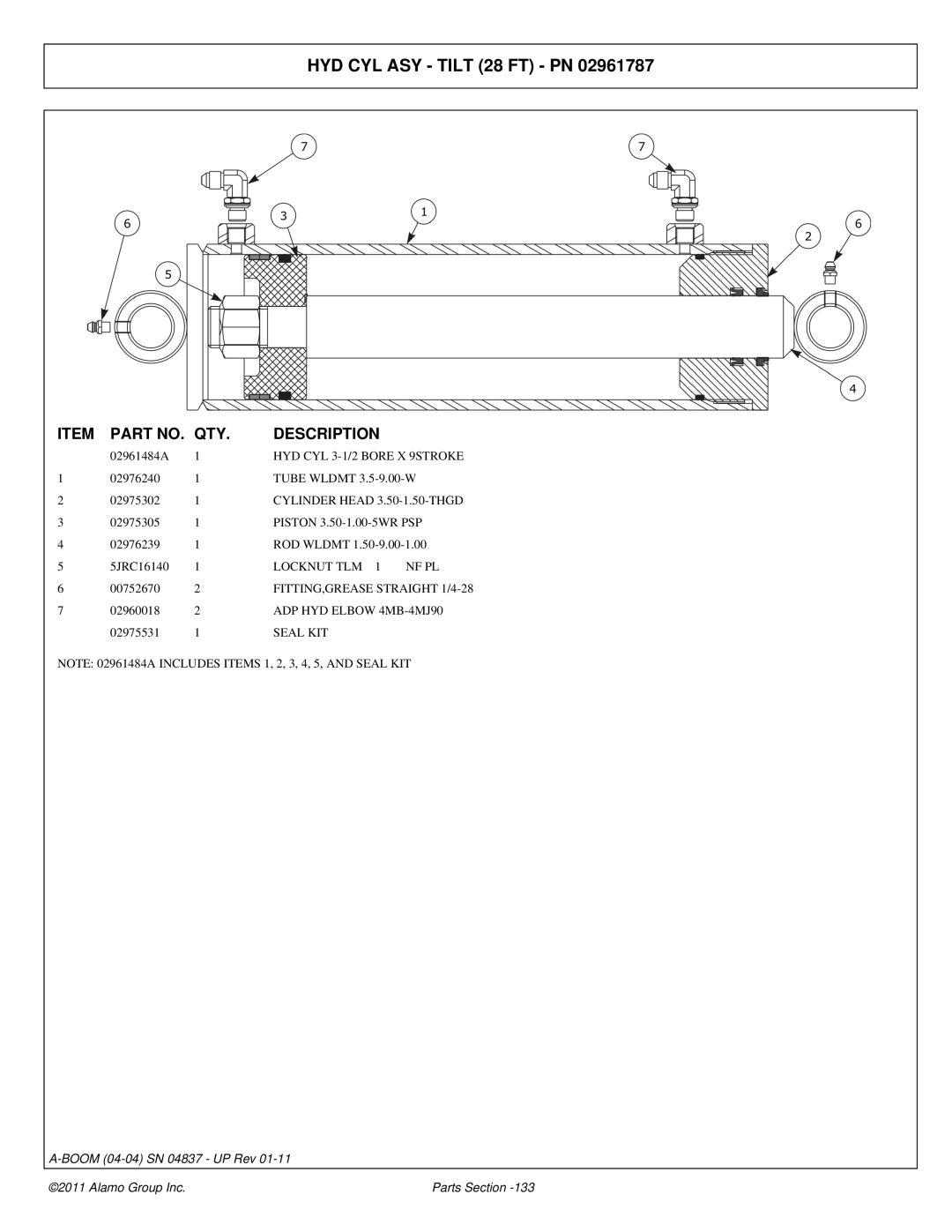 Alamo 4837 manual HYD CYL ASY Tilt 28 FT PN, HYD CYL 3-1/2 Bore X 9STROKE, Locknut TLM 1 NF PL 