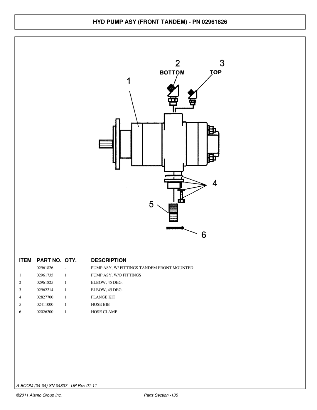 Alamo 4837 manual HYD Pump ASY Front Tandem PN, ELBOW, 45 DEG 