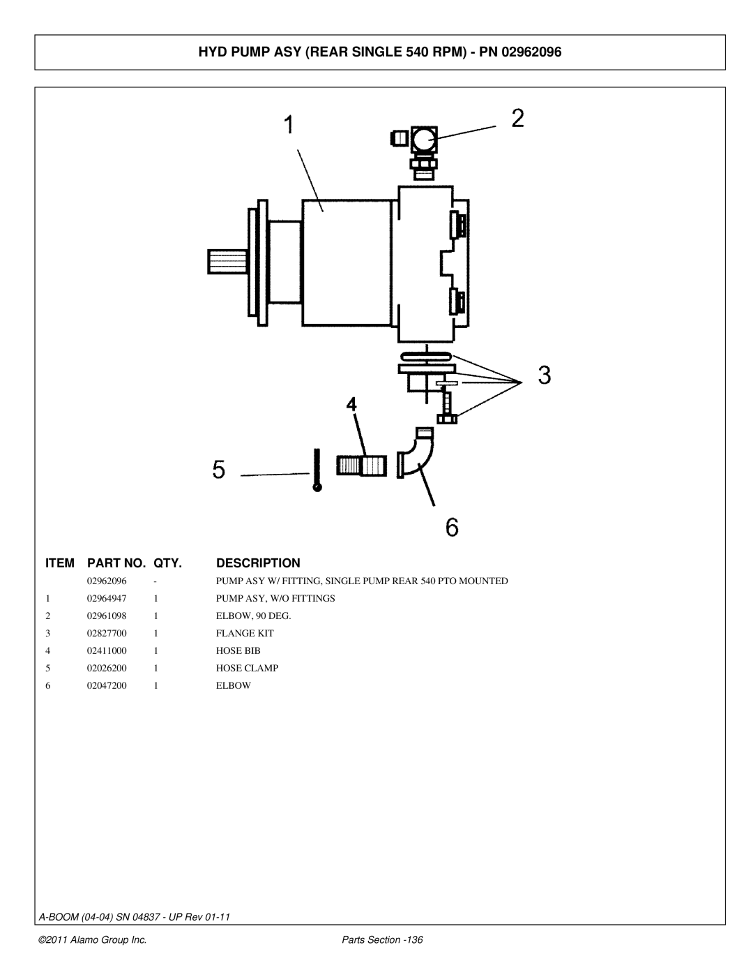 Alamo 4837 manual HYD Pump ASY Rear Single 540 RPM PN, Elbow 