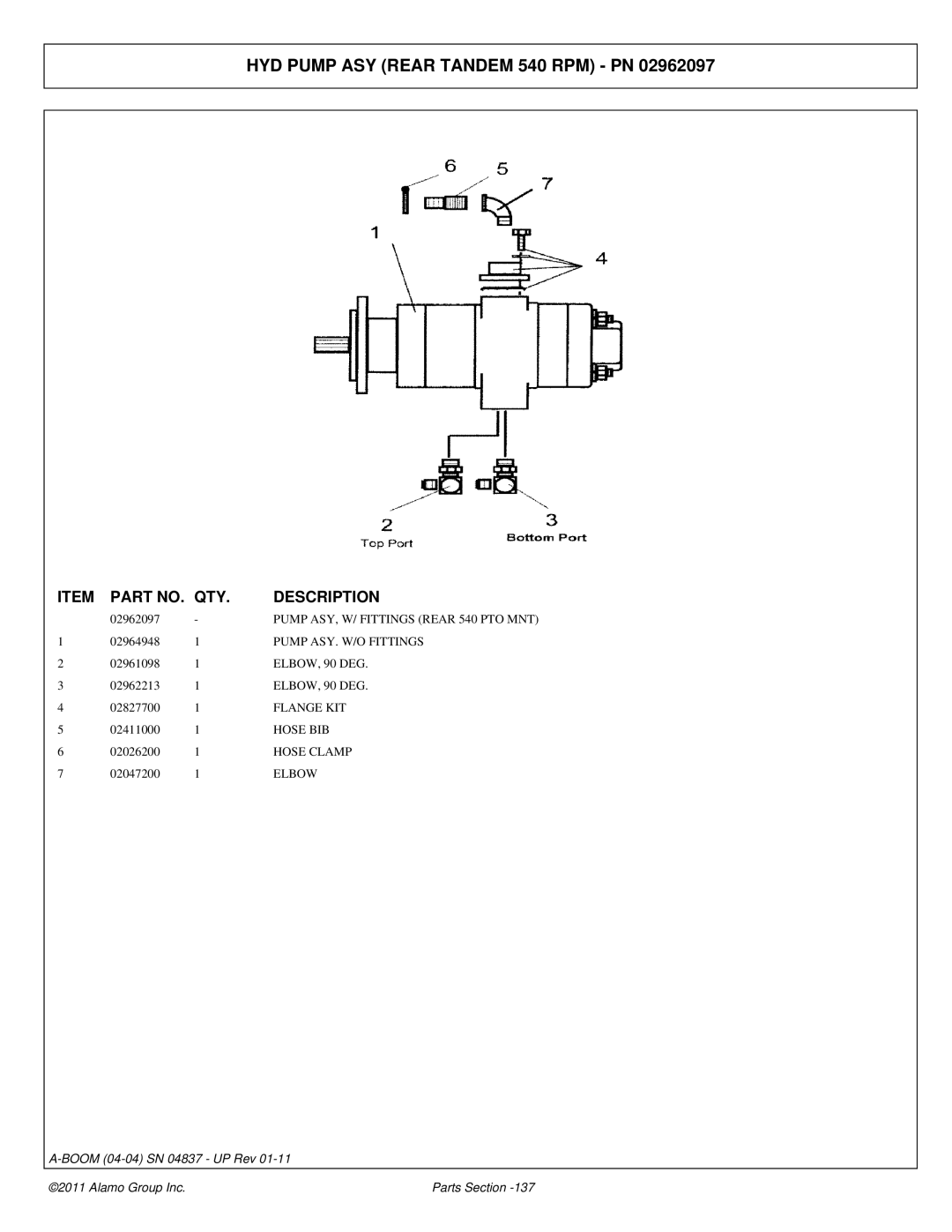 Alamo 4837 manual HYD Pump ASY Rear Tandem 540 RPM PN, Pump ASY. W/O Fittings 
