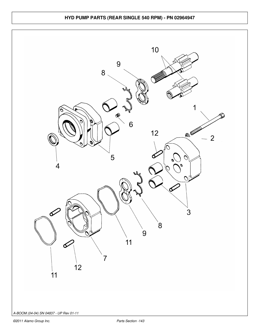 Alamo 4837 manual HYD Pump Parts Rear Single 540 RPM PN 