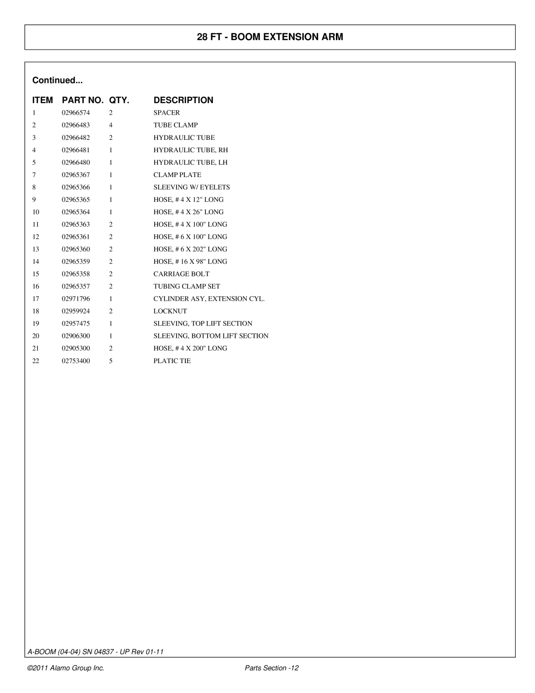 Alamo 4837 Spacer, Tube Clamp, Hydraulic Tube, Hydraulic TUBE, RH, Hydraulic TUBE, LH, Clamp Plate, Sleeving W/ Eyelets 