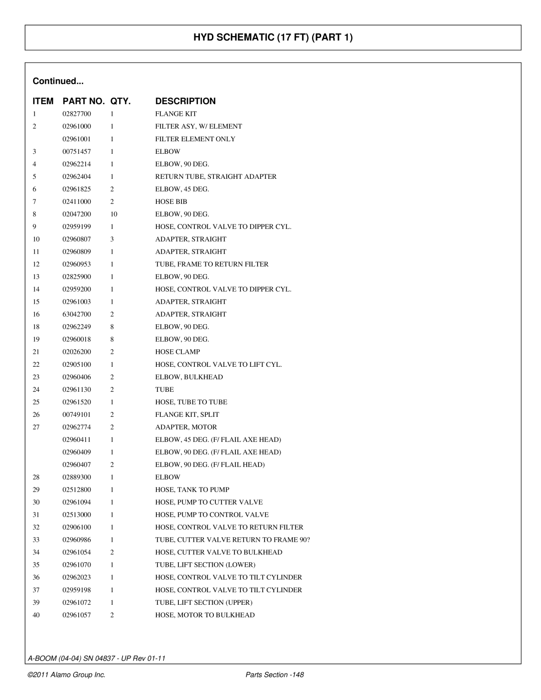 Alamo 4837 Filter ASY, W/ Element, Return TUBE, Straight Adapter, HOSE, Control Valve to Dipper CYL, ELBOW, Bulkhead, Tube 