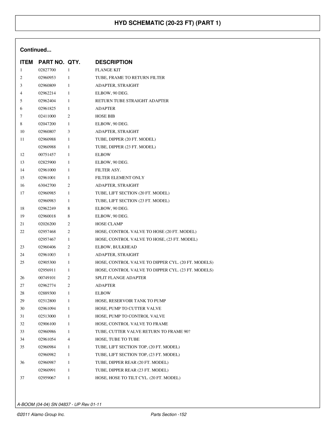 Alamo 4837 TUBE, Dipper 20 FT. Model, TUBE, Dipper 23 FT. Model, Filter ASY, TUBE, Lift FT. Model, Split Flange Adapter 