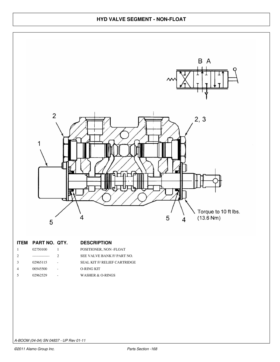 Alamo 4837 manual HYD Valve Segment NON-FLOAT, Positioner, Non -Float, See Valve Bank F/ Part no, Washer & O-RINGS 