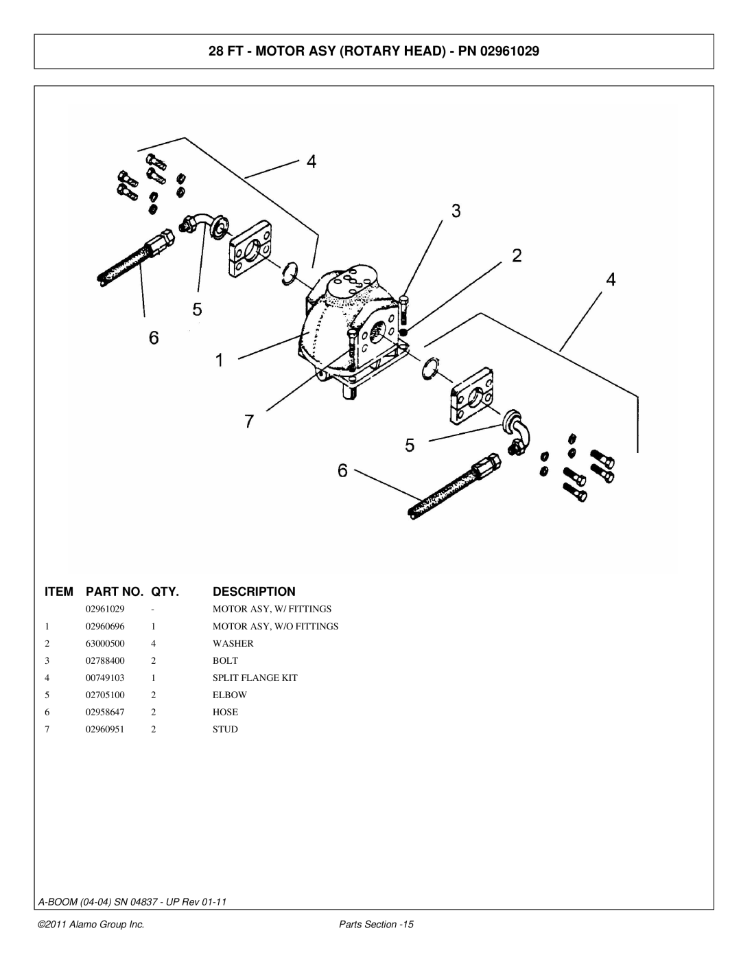 Alamo 4837 manual FT Motor ASY Rotary Head PN, Motor ASY, W/ Fittings, Split Flange KIT, Hose, Stud 