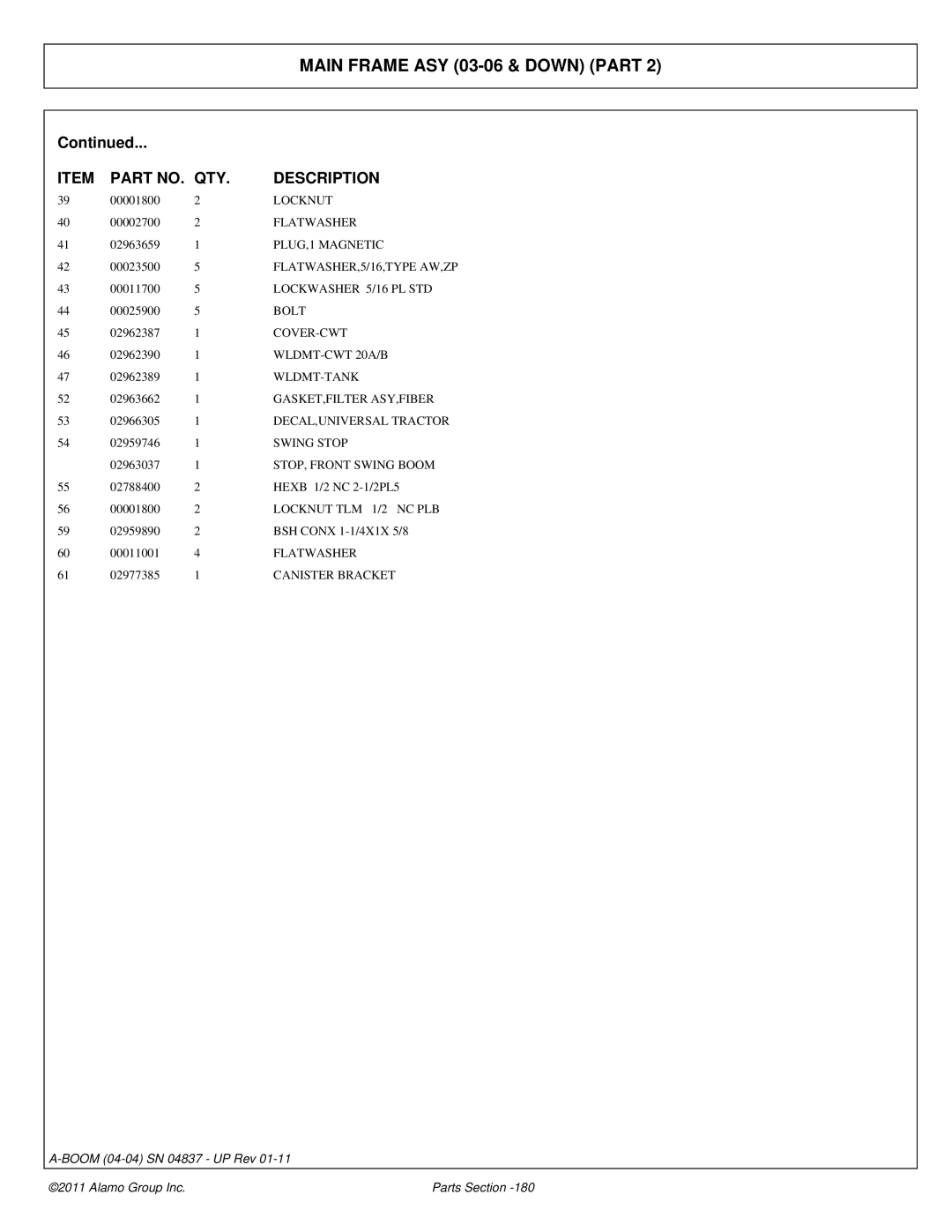 Alamo 4837 manual PLUG,1 Magnetic, Lockwasher 5/16 PL STD, Cover-Cwt, WLDMT-CWT 20A/B, Wldmt-Tank, Gasket,Filter Asy,Fiber 