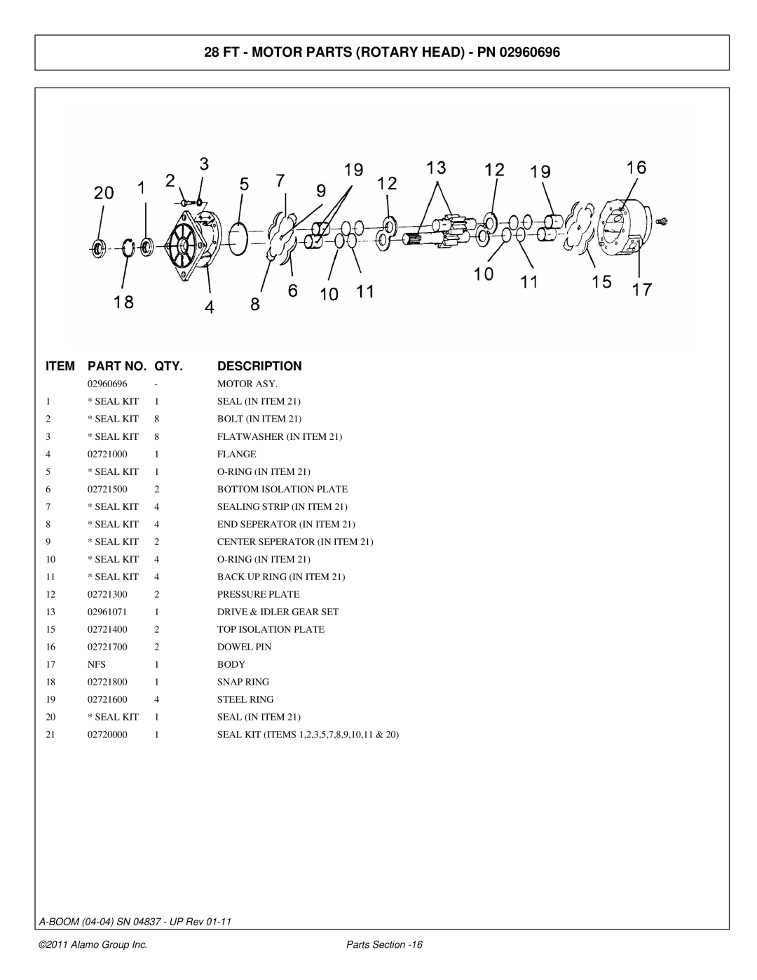 Alamo 4837 manual FT Motor Parts Rotary Head PN 