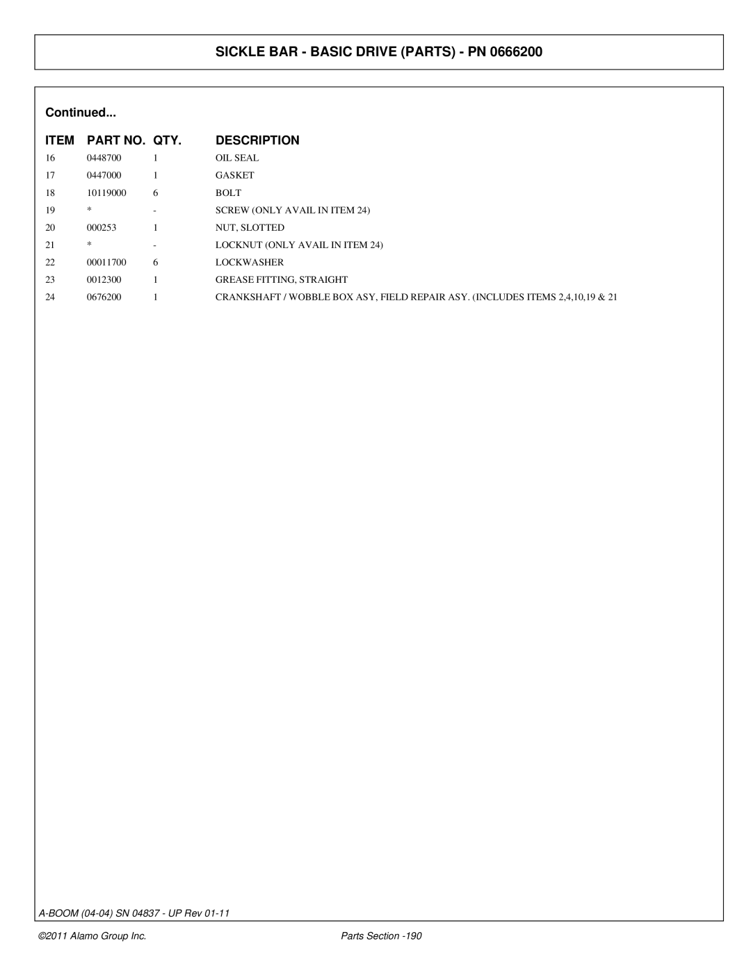 Alamo 4837 manual OIL Seal, Screw only Avail in Item, Locknut only Avail in Item 