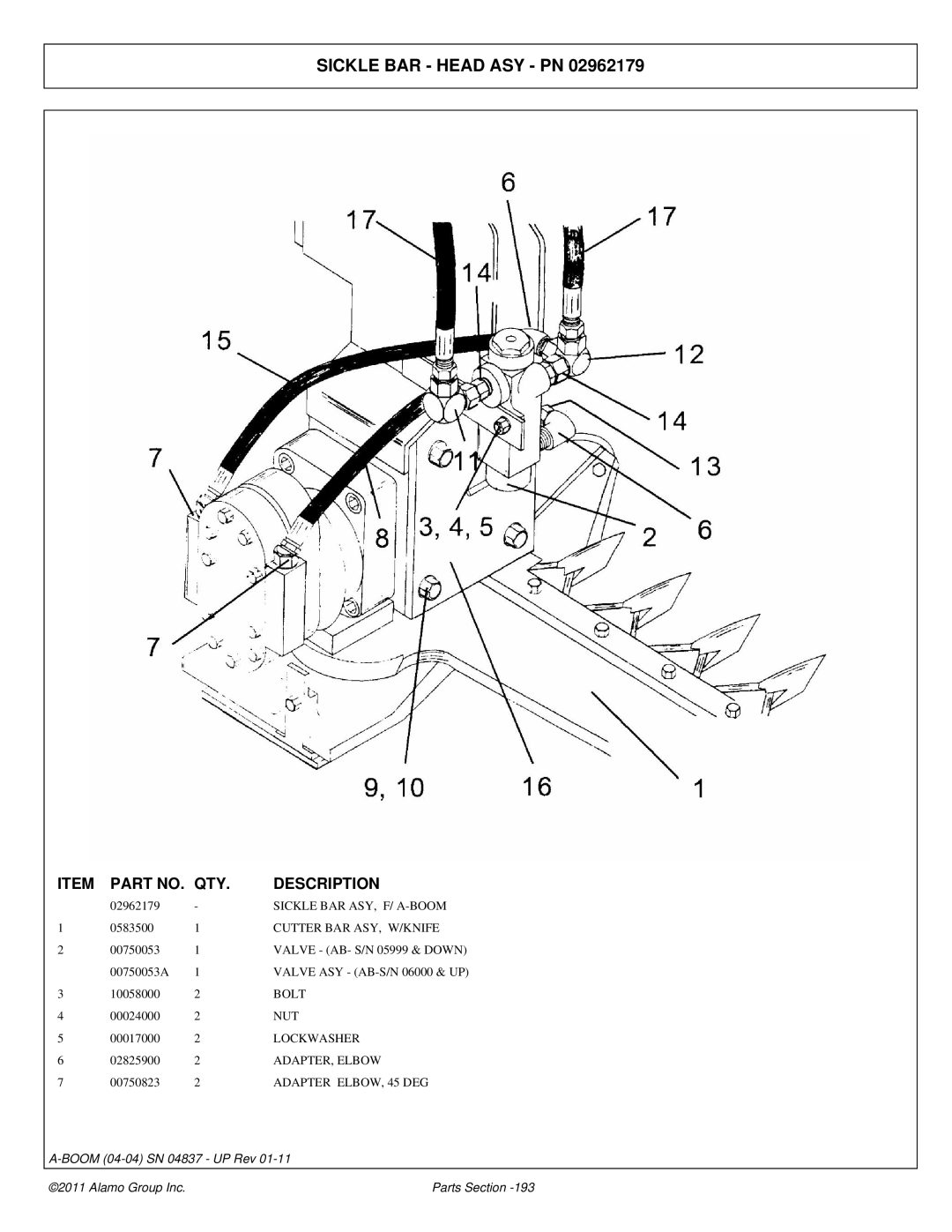 Alamo 4837 manual Sickle BAR Head ASY PN, Sickle BAR ASY, F/ A-BOOM, Cutter BAR ASY, W/KNIFE, Adapter ELBOW, 45 DEG 