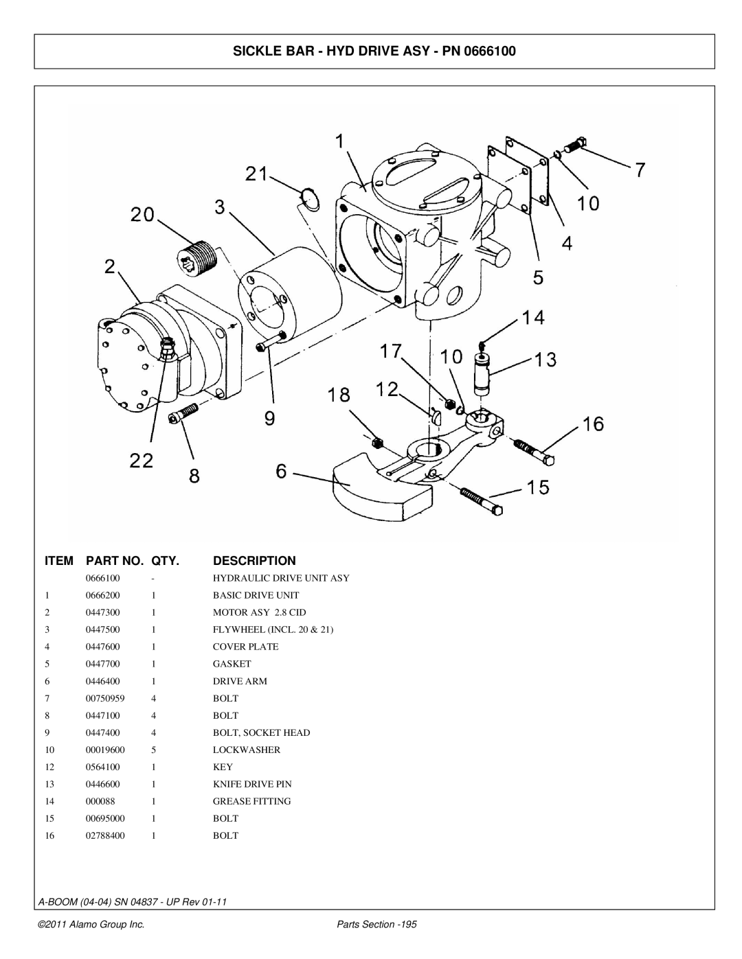 Alamo 4837 manual Sickle BAR HYD Drive ASY PN, Motor ASY 2.8 CID, Drive ARM, Knife Drive PIN 