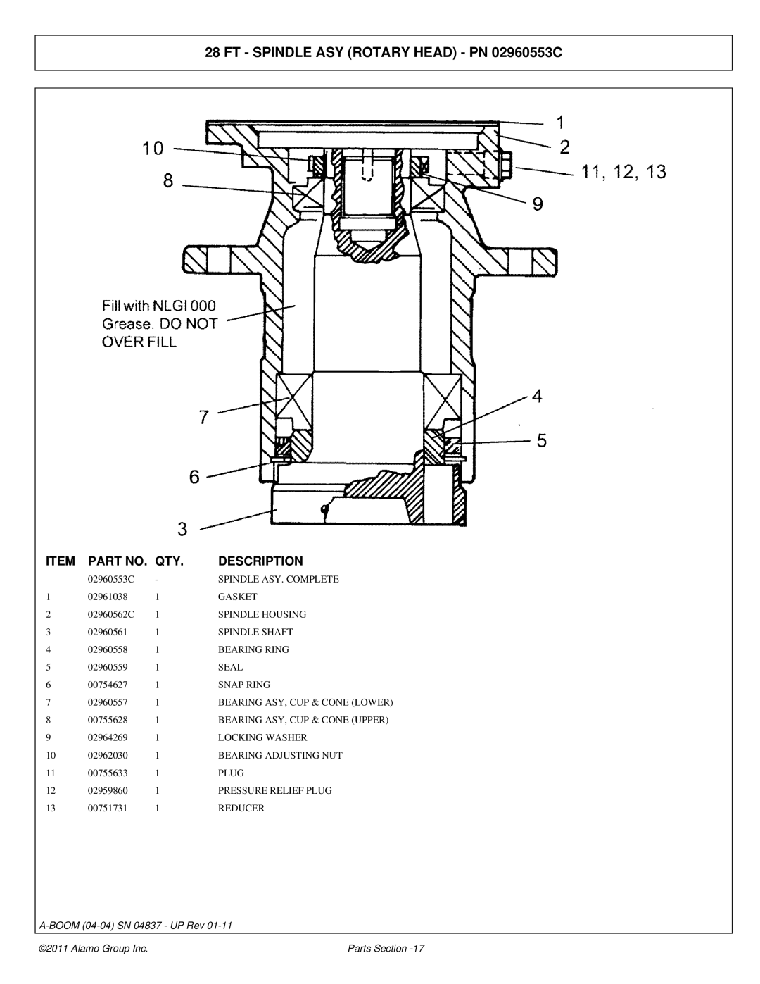 Alamo 4837 manual FT Spindle ASY Rotary Head PN 02960553C 