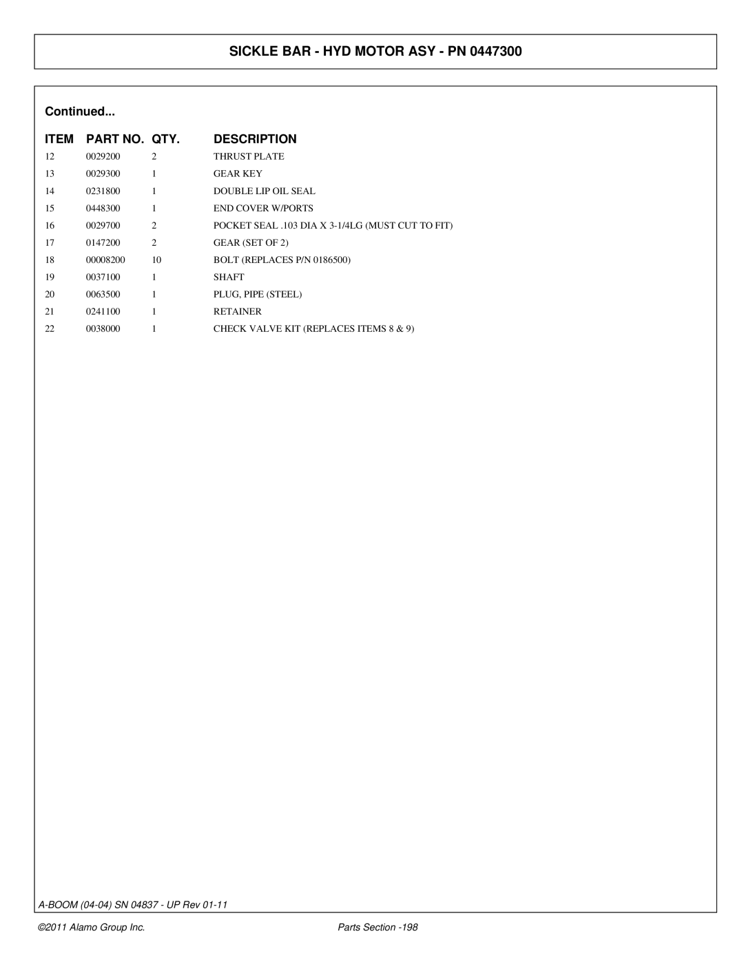 Alamo 4837 manual Gear KEY, Double LIP OIL Seal, END Cover W/PORTS, Bolt Replaces P/N, Shaft, PLUG, Pipe Steel, Retainer 