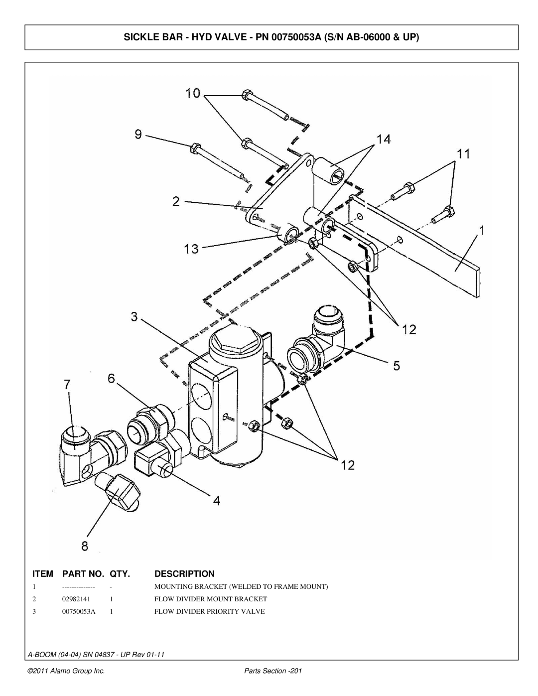 Alamo 4837 Sickle BAR HYD Valve PN 00750053A S/N AB-06000 & UP, Flow Divider Mount Bracket, Flow Divider Priority Valve 