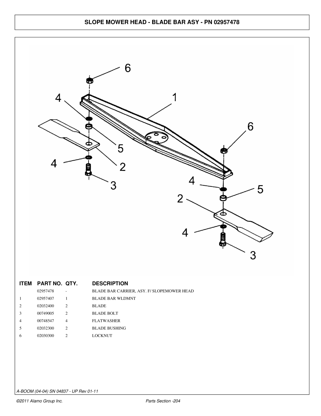 Alamo 4837 manual Slope Mower Head Blade BAR ASY PN, Blade BAR Wldmnt 