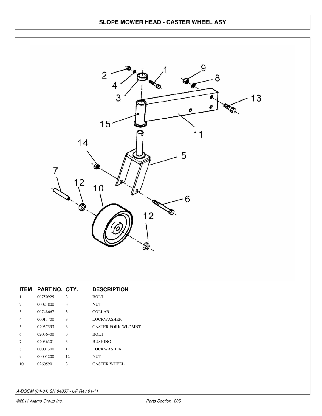 Alamo 4837 manual Slope Mower Head Caster Wheel ASY, Bolt 