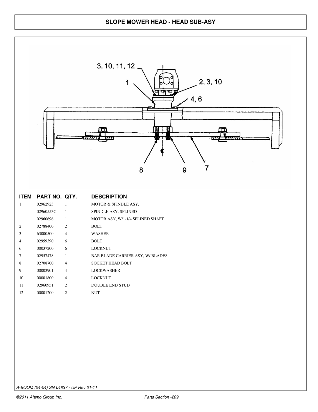 Alamo 4837 manual Slope Mower Head Head SUB-ASY, Spindle ASY, Splined, Socket Head Bolt, Double END Stud 