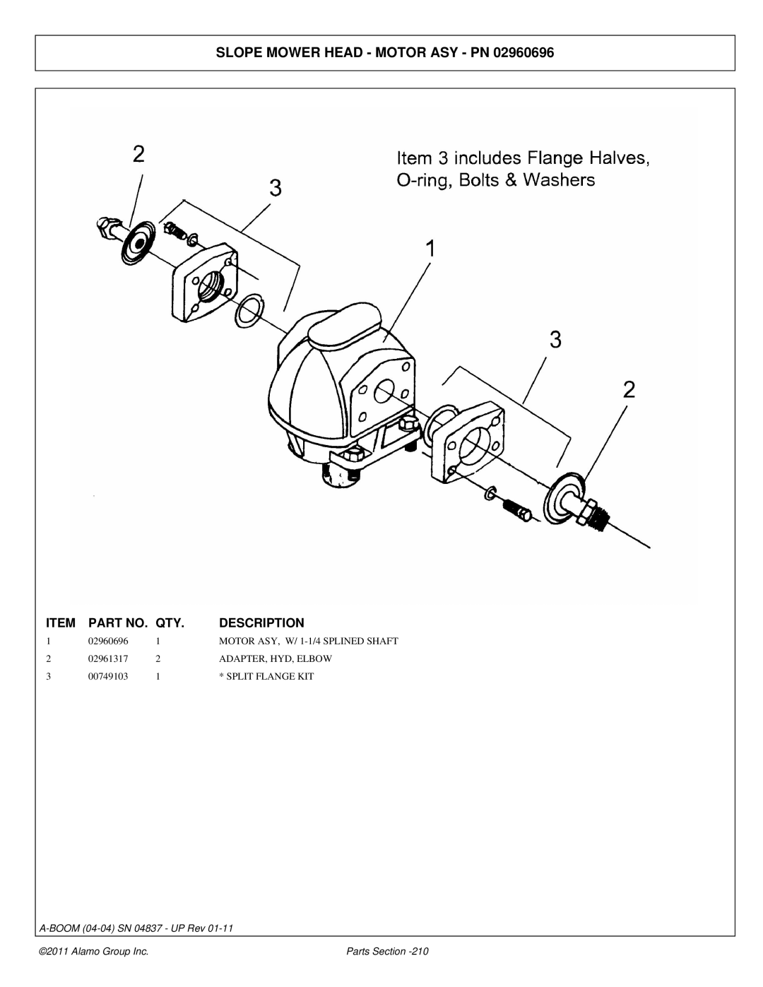 Alamo 4837 manual Slope Mower Head Motor ASY PN, ADAPTER, HYD, Elbow 