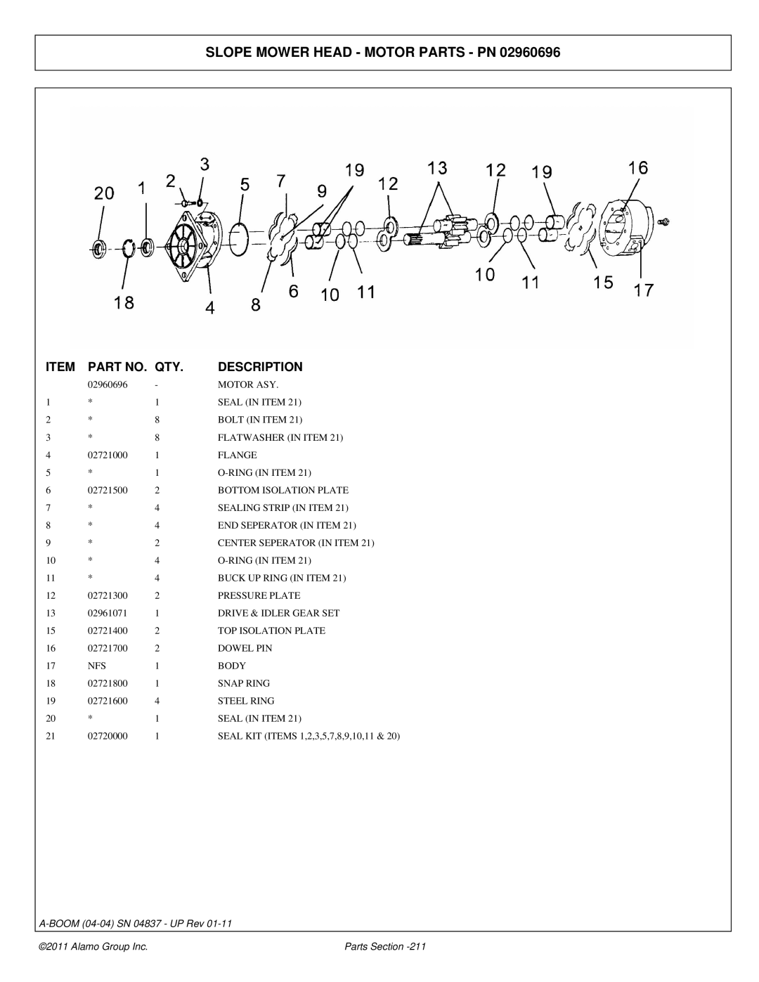 Alamo 4837 manual Slope Mower Head Motor Parts PN, Buck UP Ring in Item 