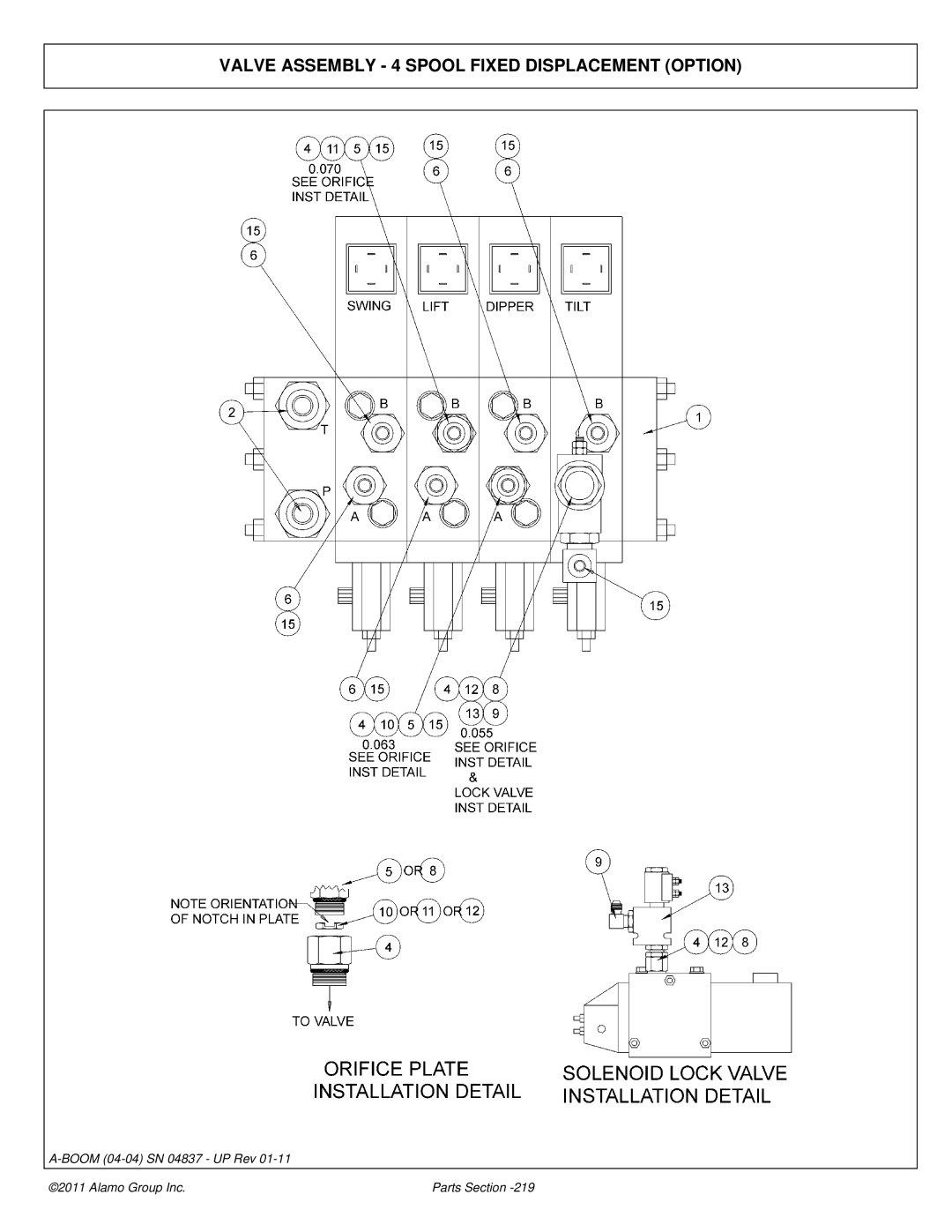 Alamo 4837 manual Valve Assembly 4 Spool Fixed Displacement Option 