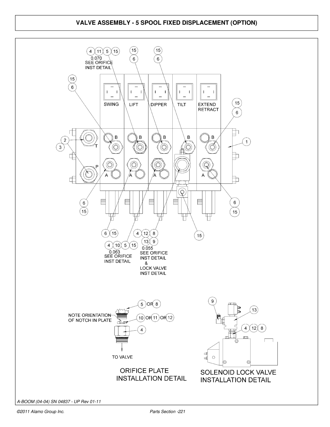 Alamo 4837 manual Valve Assembly 5 Spool Fixed Displacement Option 