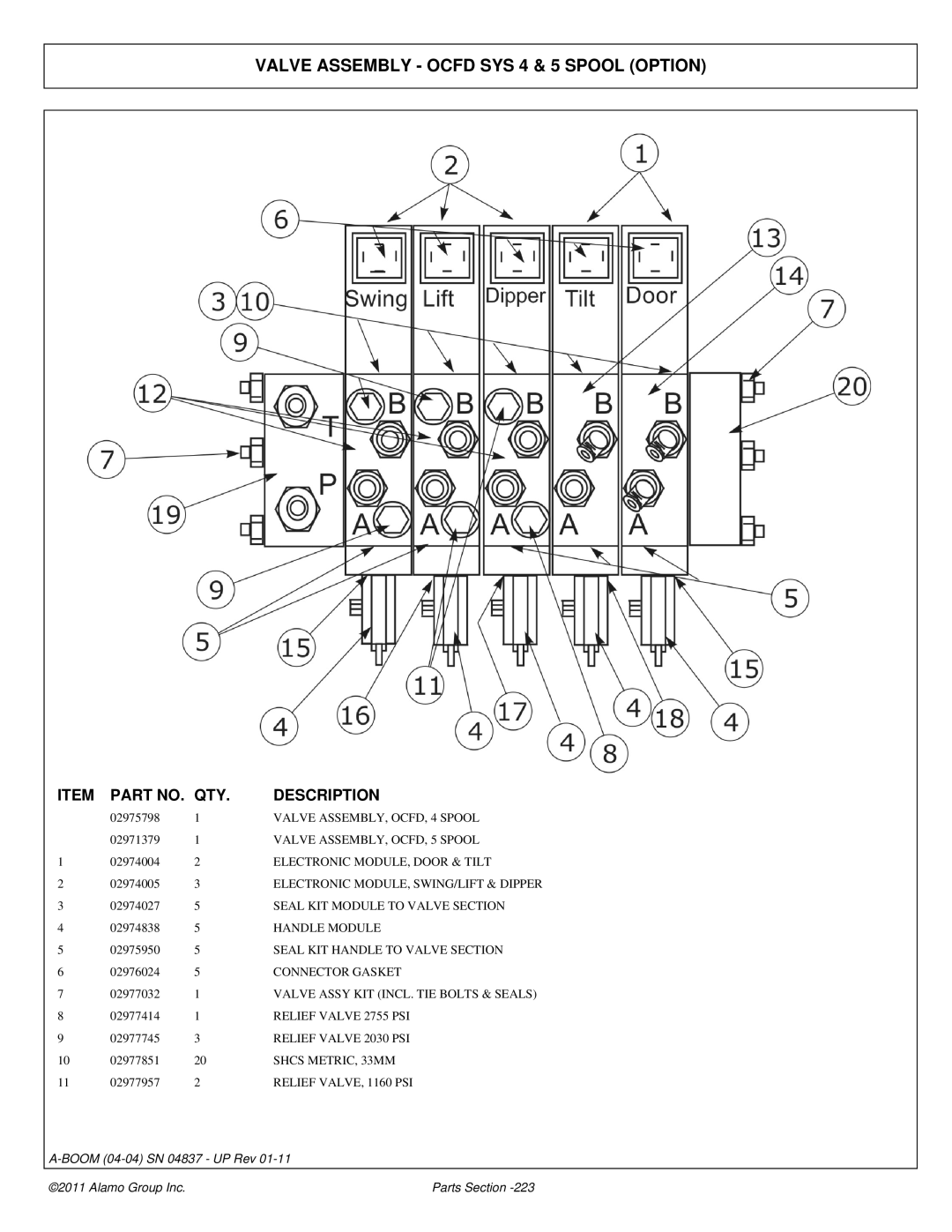 Alamo 4837 manual Valve Assembly Ocfd SYS 4 & 5 Spool Option 