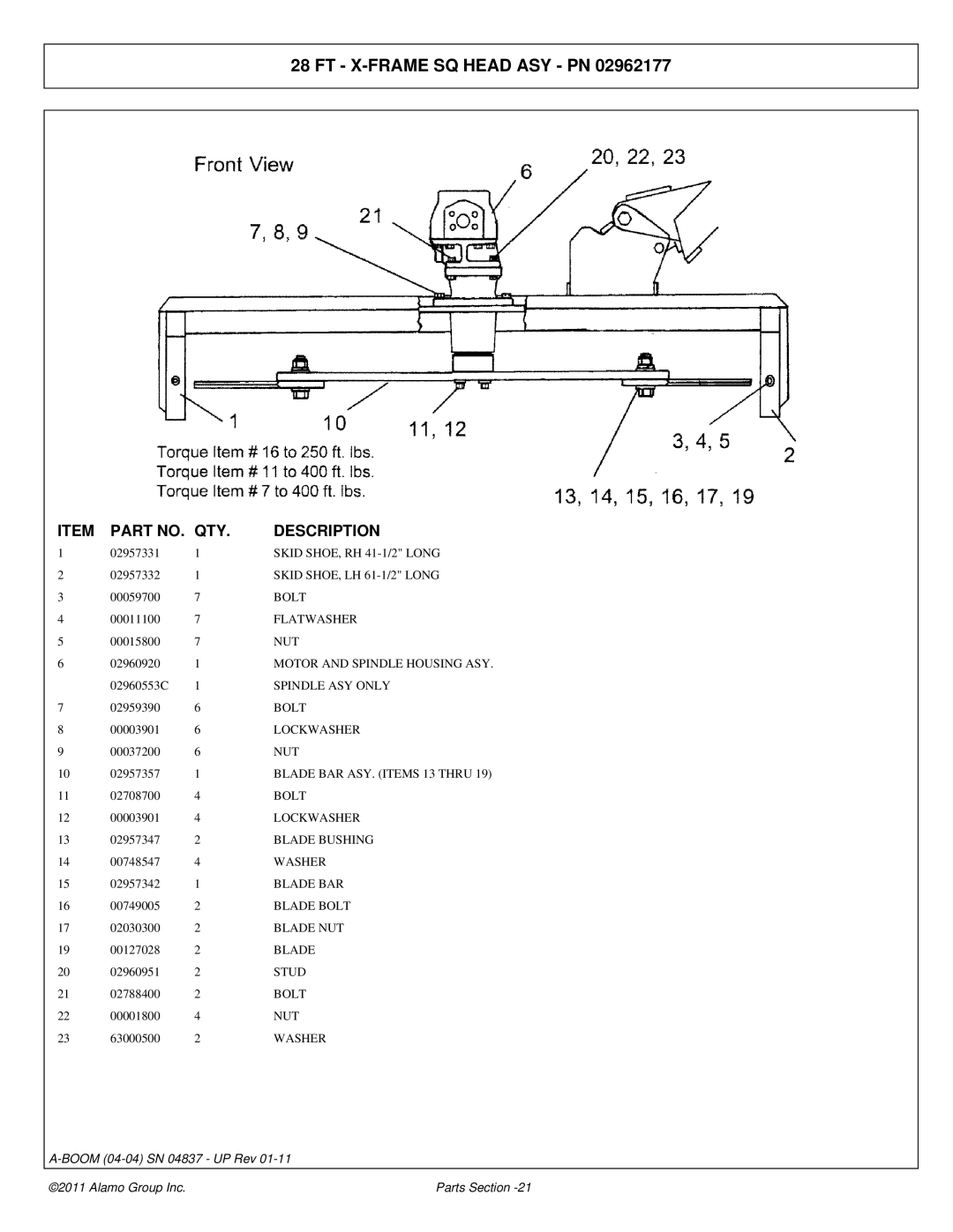 Alamo 4837 manual FT X-FRAME SQ Head ASY PN 