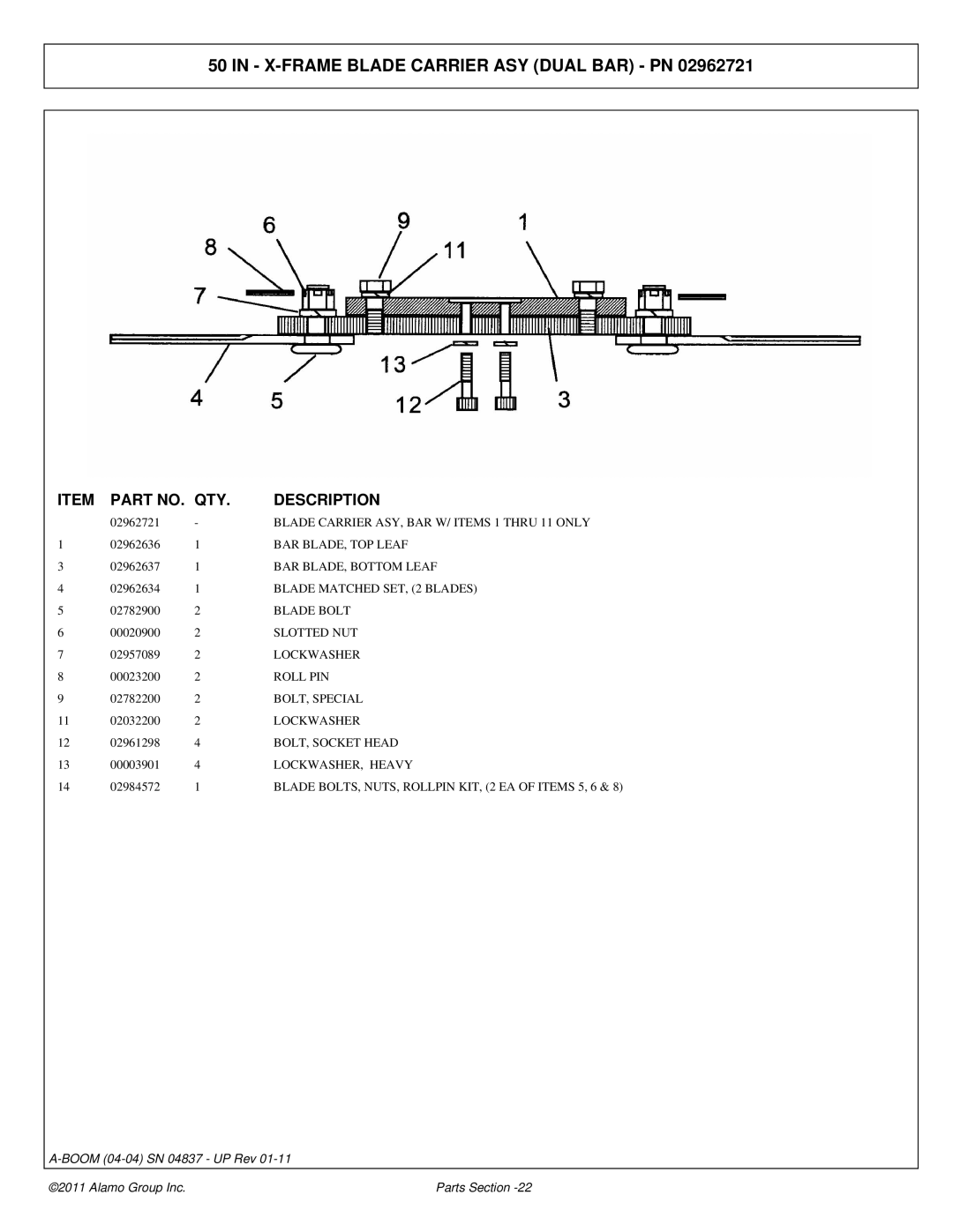 Alamo 4837 manual X-FRAME Blade Carrier ASY Dual BAR PN 