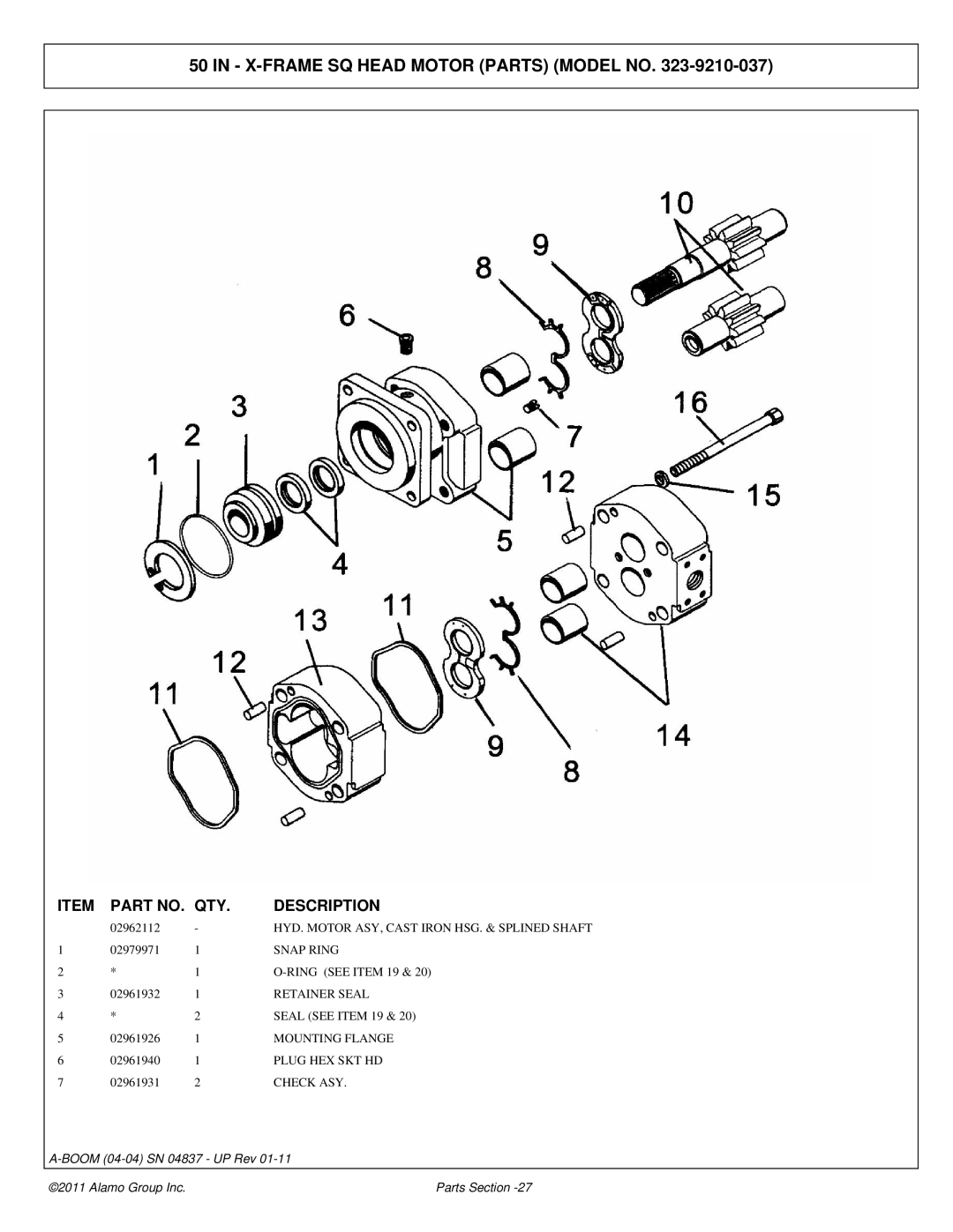 Alamo 4837 manual X-FRAME SQ Head Motor Parts Model no, Retainer Seal, Mounting Flange, Plug HEX SKT HD, Check ASY 