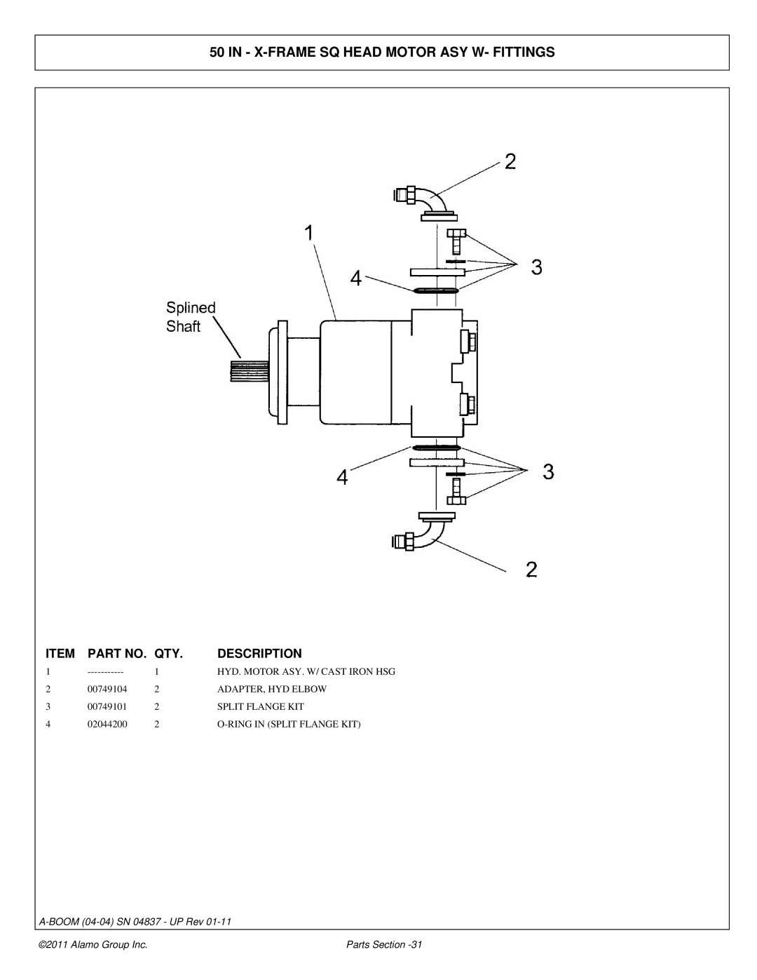 Alamo 4837 manual X-FRAME SQ Head Motor ASY W- Fittings, ADAPTER, HYD Elbow, Ring in Split Flange KIT 