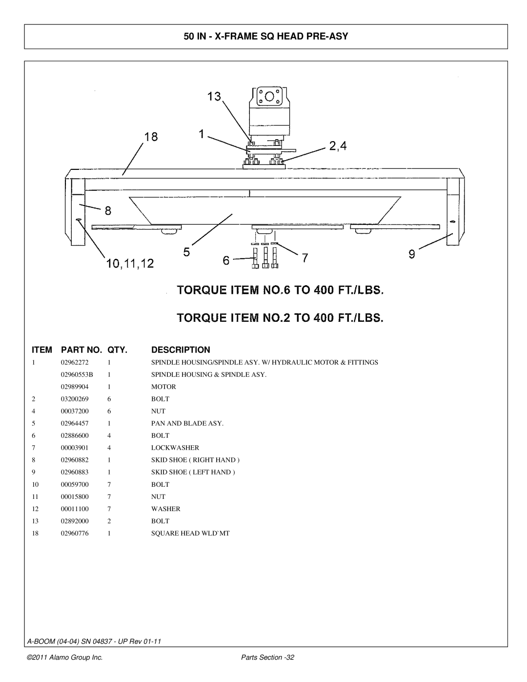 Alamo 4837 manual X-FRAME SQ Head PRE-ASY 