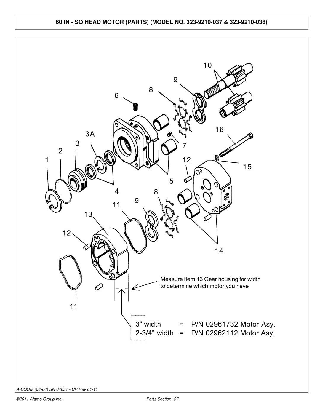 Alamo 4837 manual SQ Head Motor Parts Model no -9210-037 