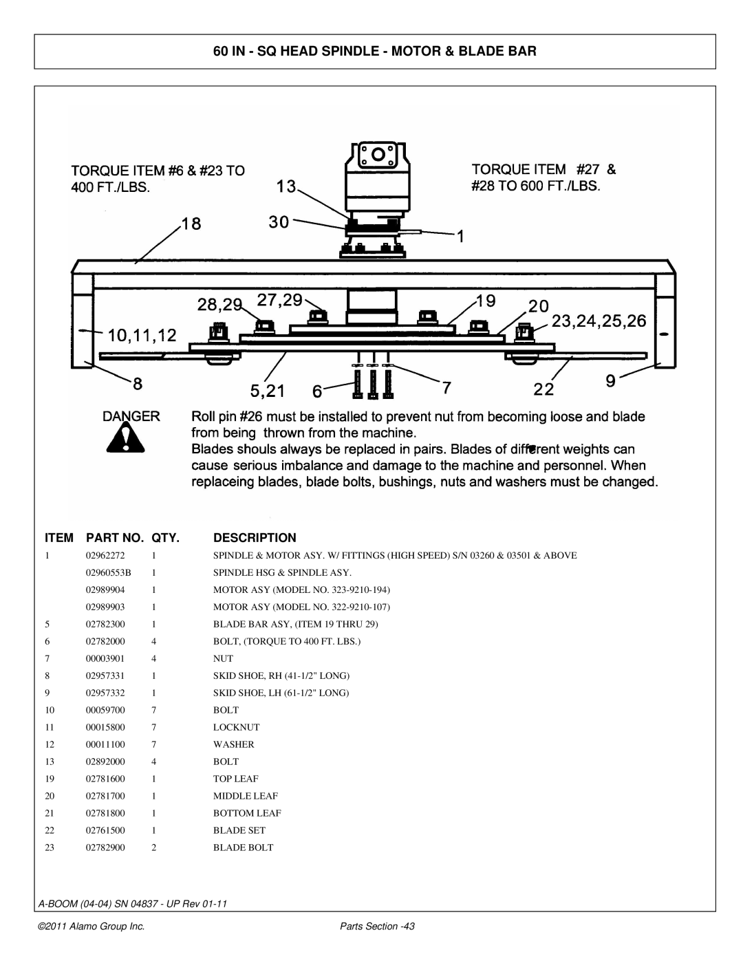 Alamo 4837 manual SQ Head Spindle Motor & Blade BAR 