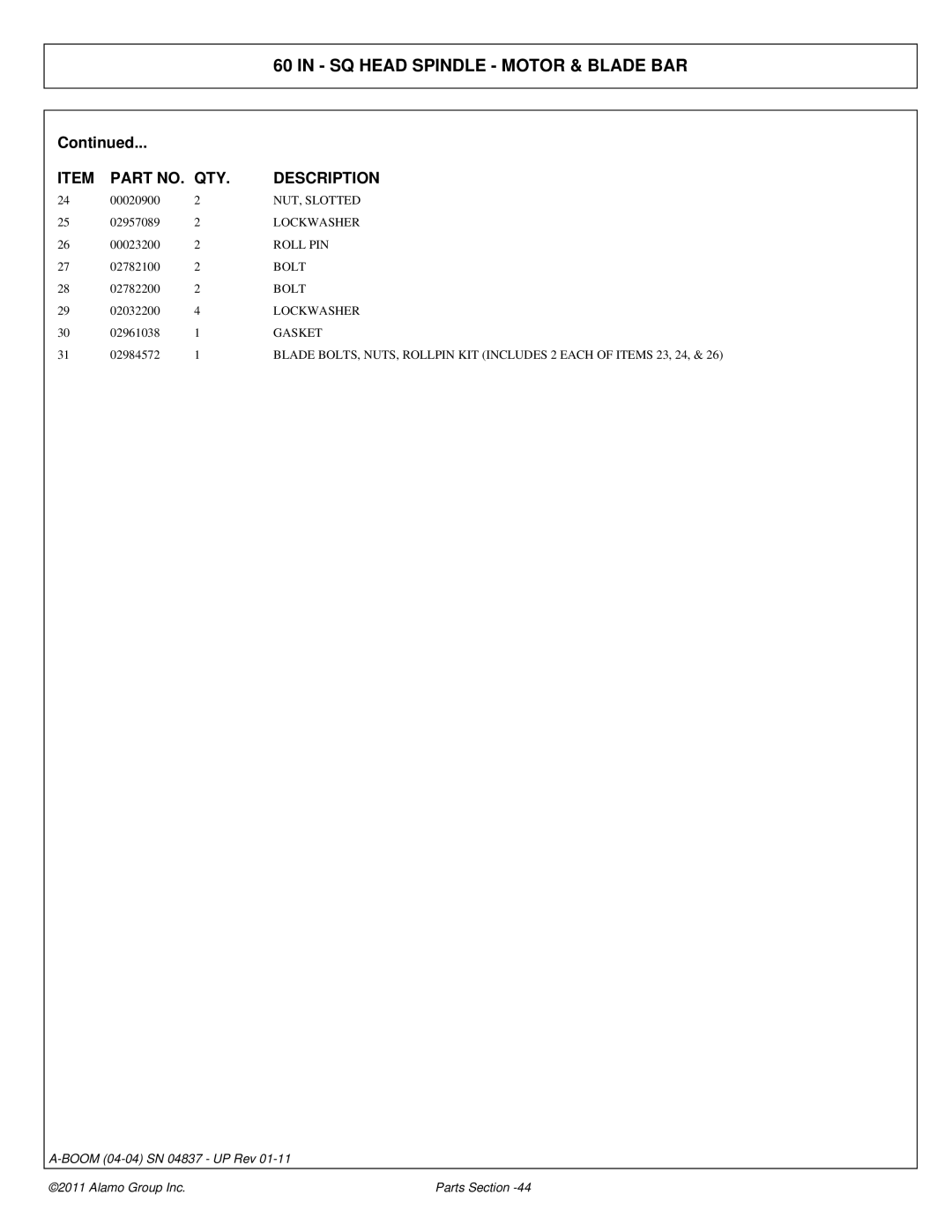 Alamo 4837 manual NUT, Slotted, Lockwasher 