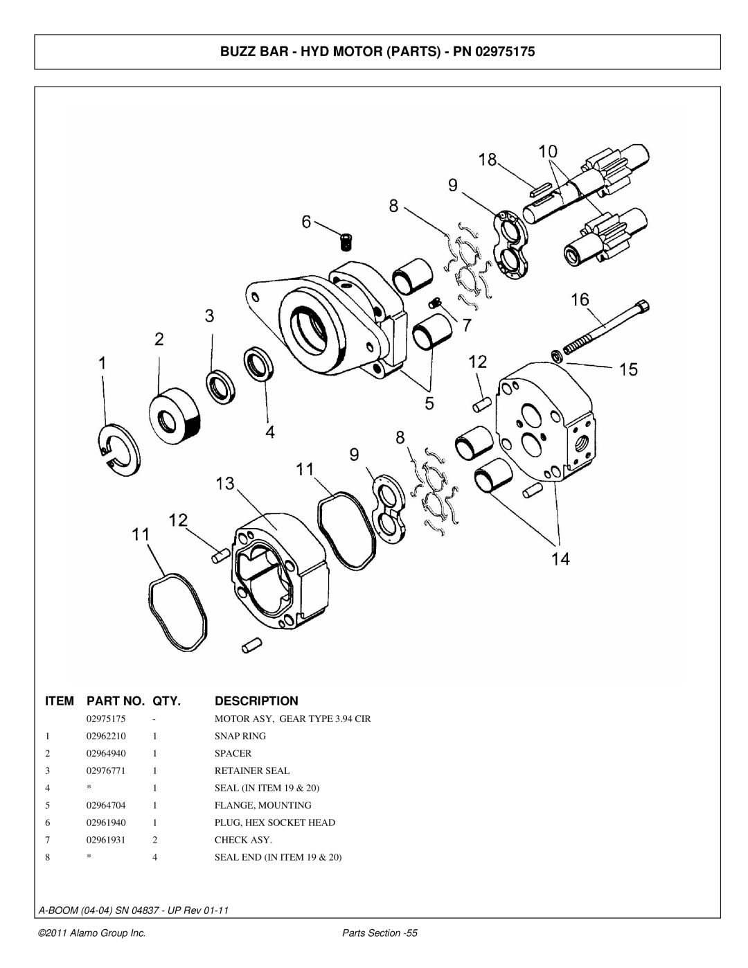 Alamo 4837 manual Buzz BAR HYD Motor Parts PN, FLANGE, Mounting, PLUG, HEX Socket Head 
