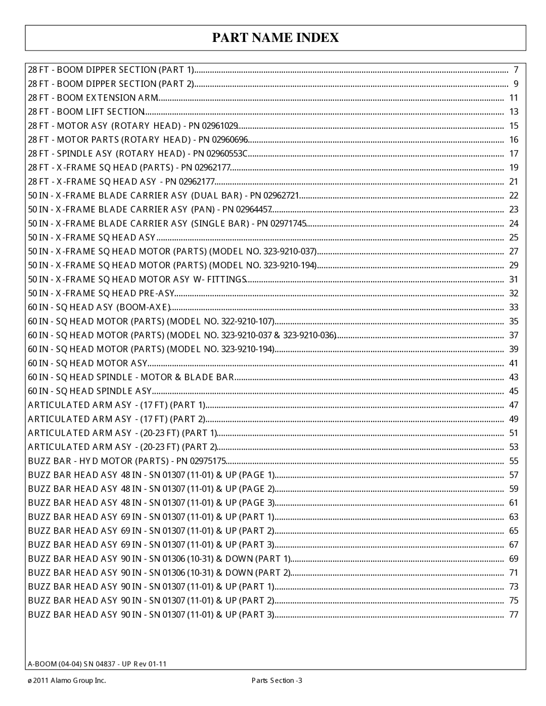 Alamo 4837 manual Part Name Index 