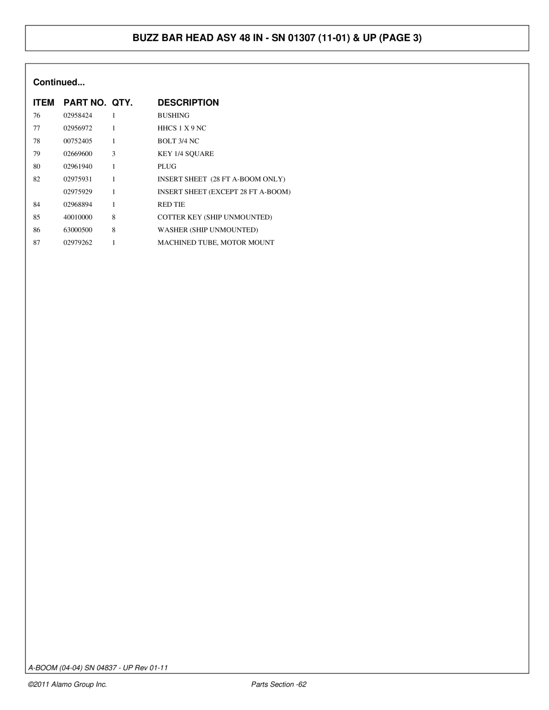 Alamo 4837 manual Hhcs 1 X 9 NC, Bolt 3/4 NC, KEY 1/4 Square, Red Tie, Cotter KEY Ship Unmounted, Washer Ship Unmounted 