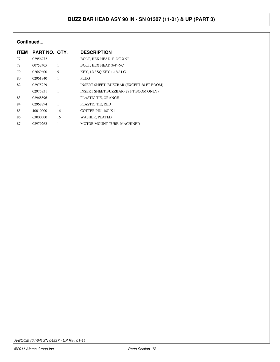 Alamo 4837 manual BOLT, HEX Head 1-NC X, Insert Sheet Buzzbar 28 FT Boom only 