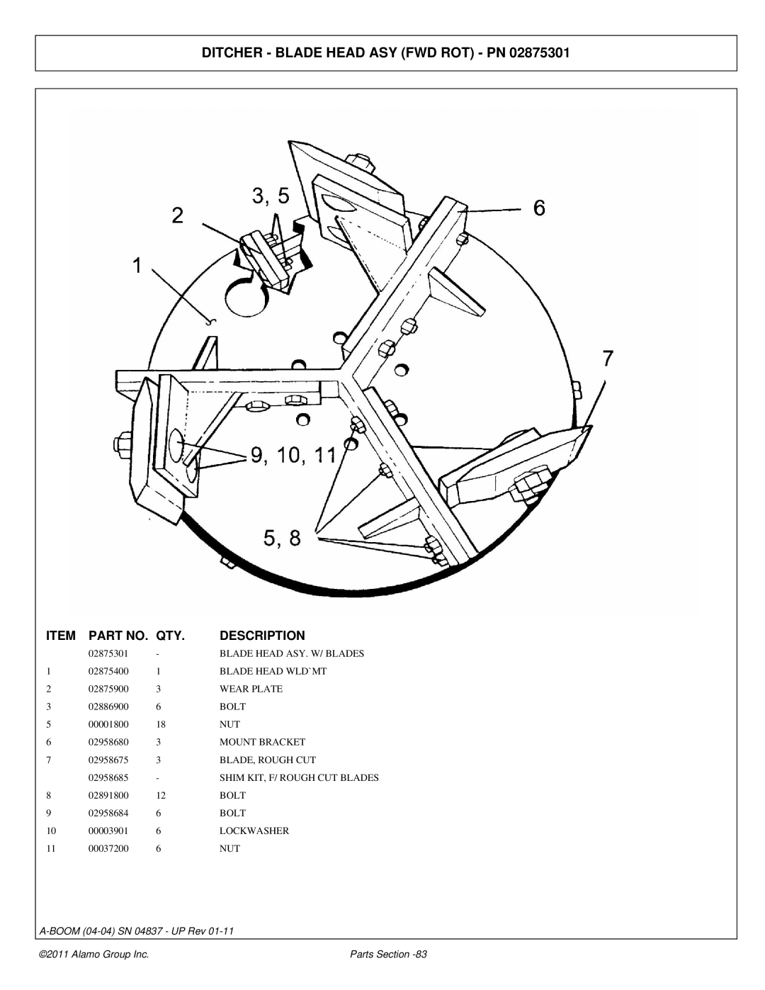 Alamo 4837 manual Ditcher Blade Head ASY FWD ROT PN, Blade Head ASY. W/ Blades, Blade Head WLD`MT, Mount Bracket 