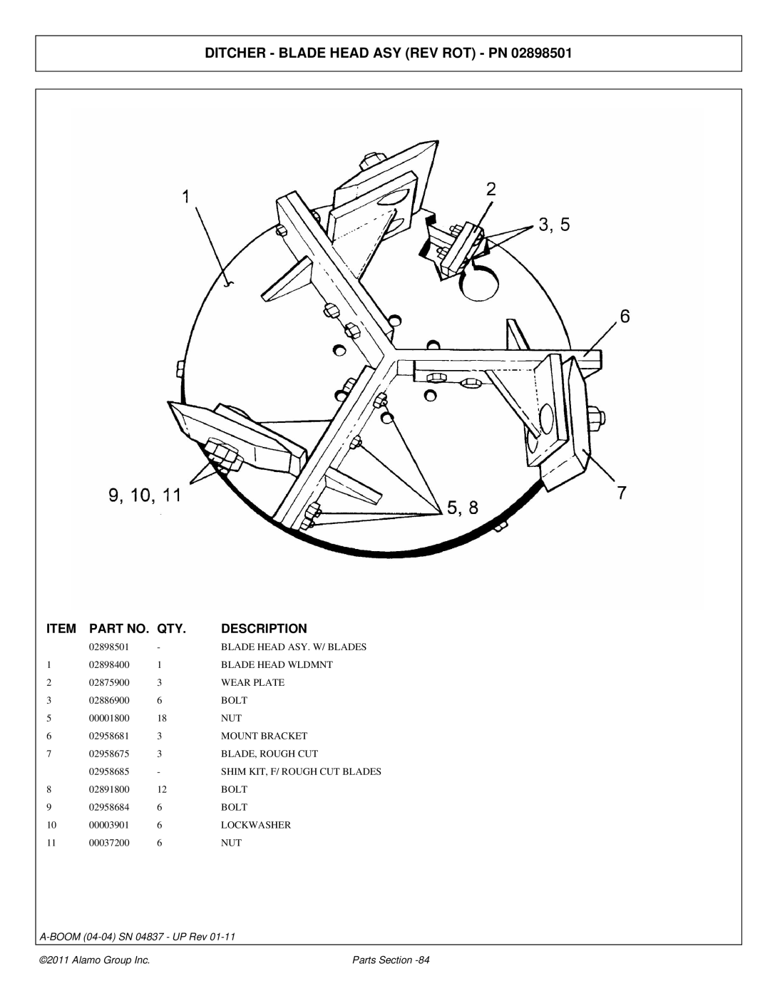 Alamo 4837 manual Ditcher Blade Head ASY REV ROT PN, Blade Head Wldmnt 