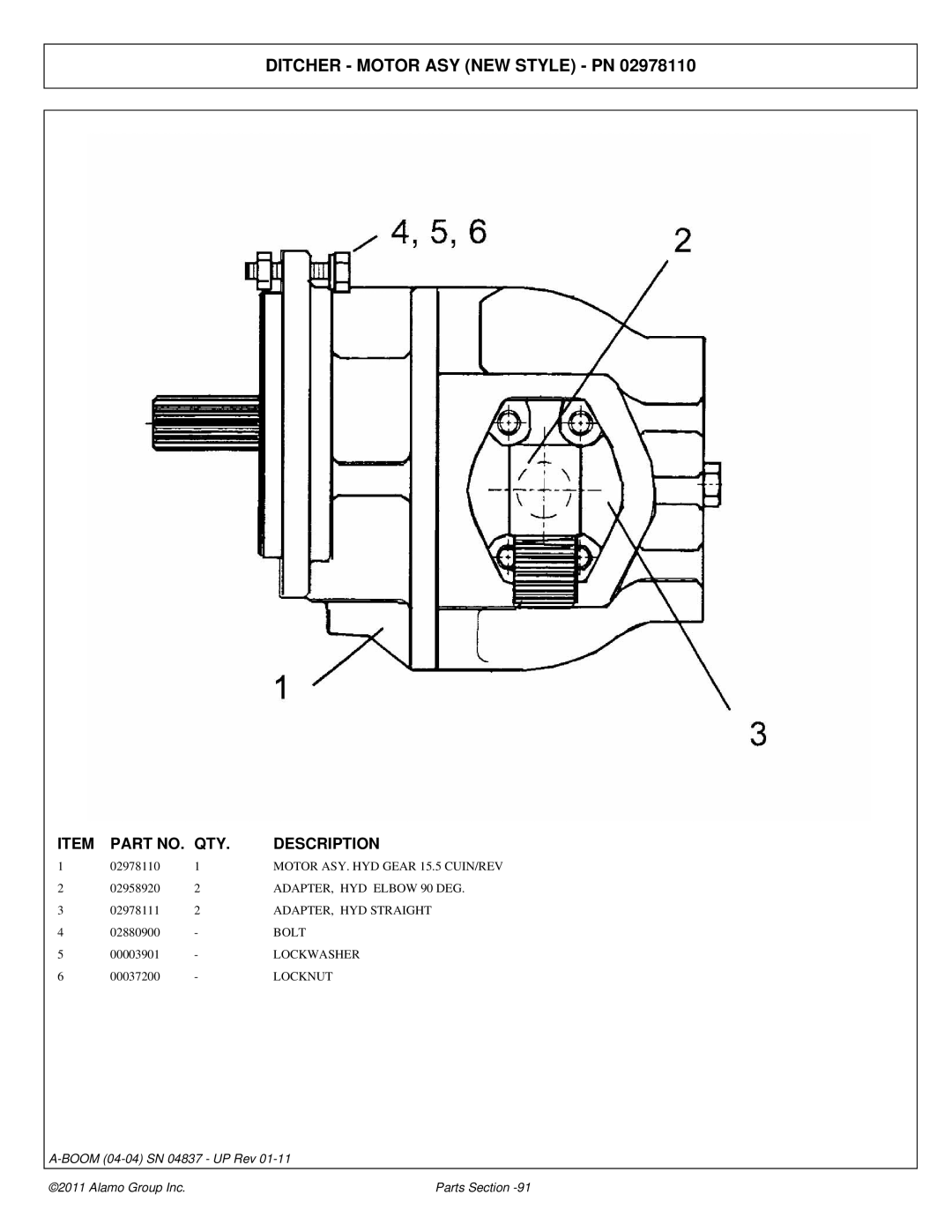 Alamo 4837 manual Ditcher Motor ASY NEW Style PN, ADAPTER, HYD Straight 