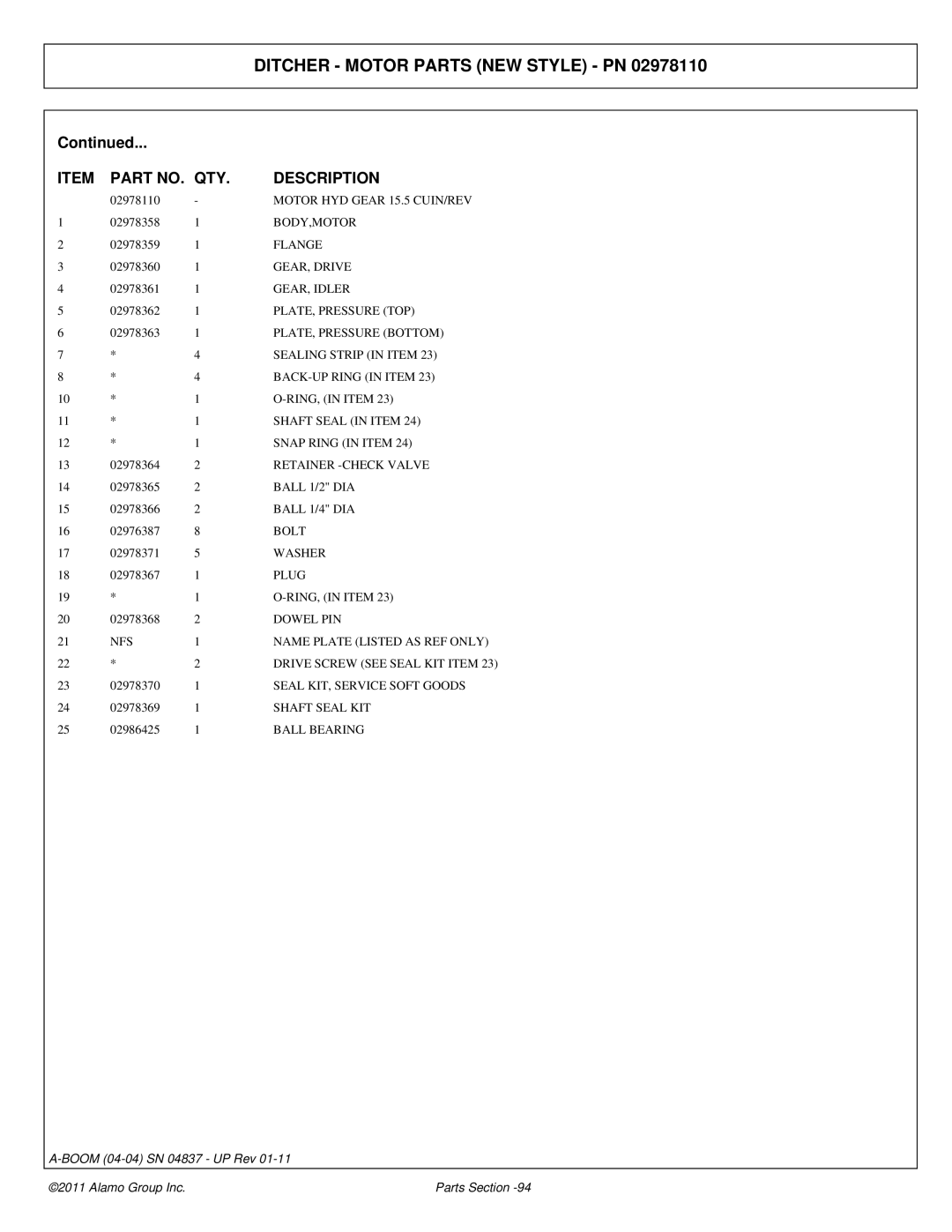 Alamo 4837 Motor HYD Gear 15.5 CUIN/REV, Body,Motor, GEAR, Drive, GEAR, Idler, PLATE, Pressure TOP, PLATE, Pressure Bottom 