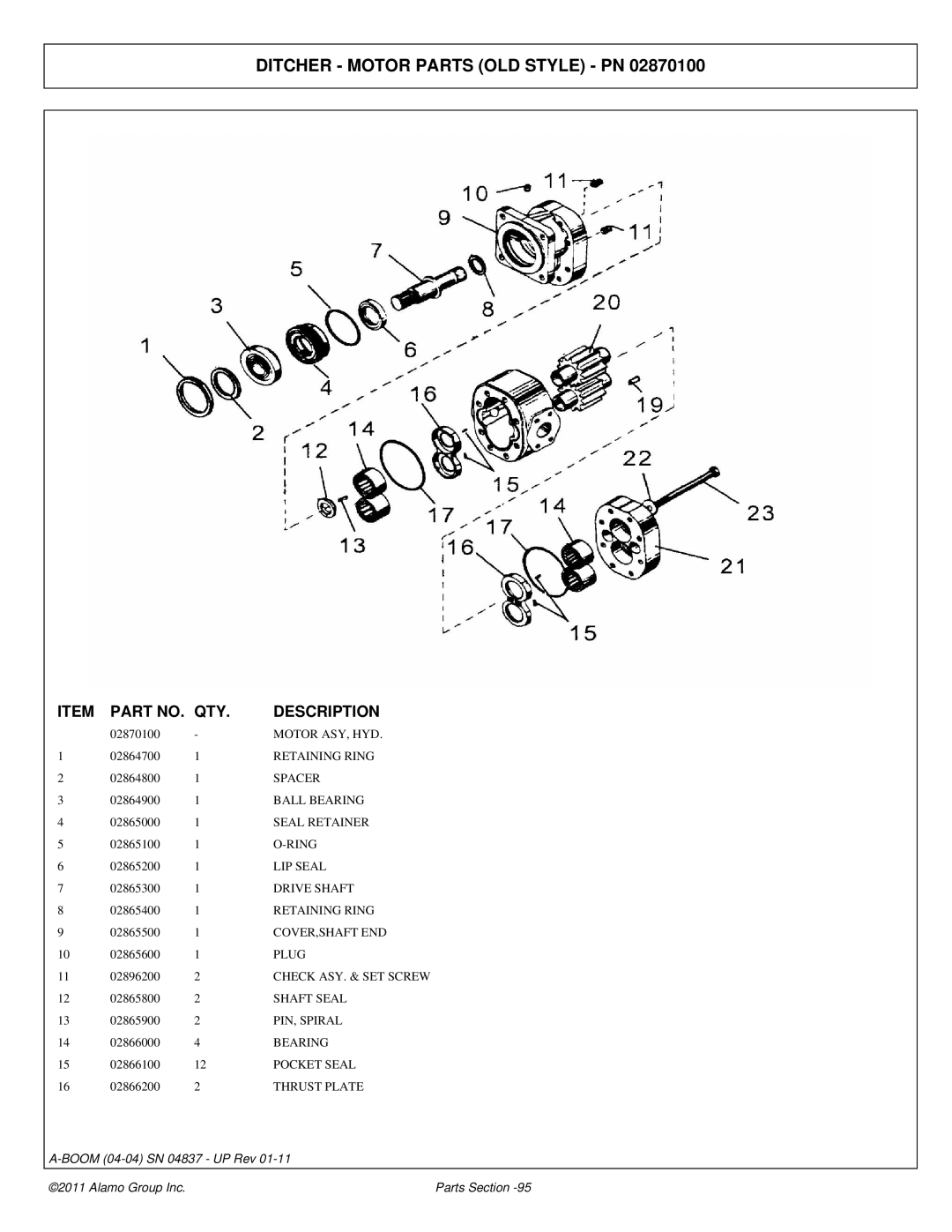 Alamo 4837 manual Ditcher Motor Parts OLD Style PN 