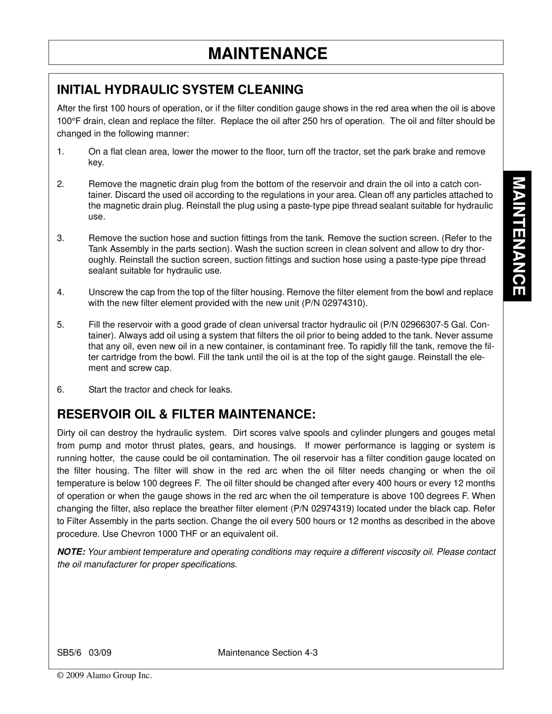 Alamo 5, 6 manual Initial Hydraulic System Cleaning, Reservoir OIL & Filter Maintenance 