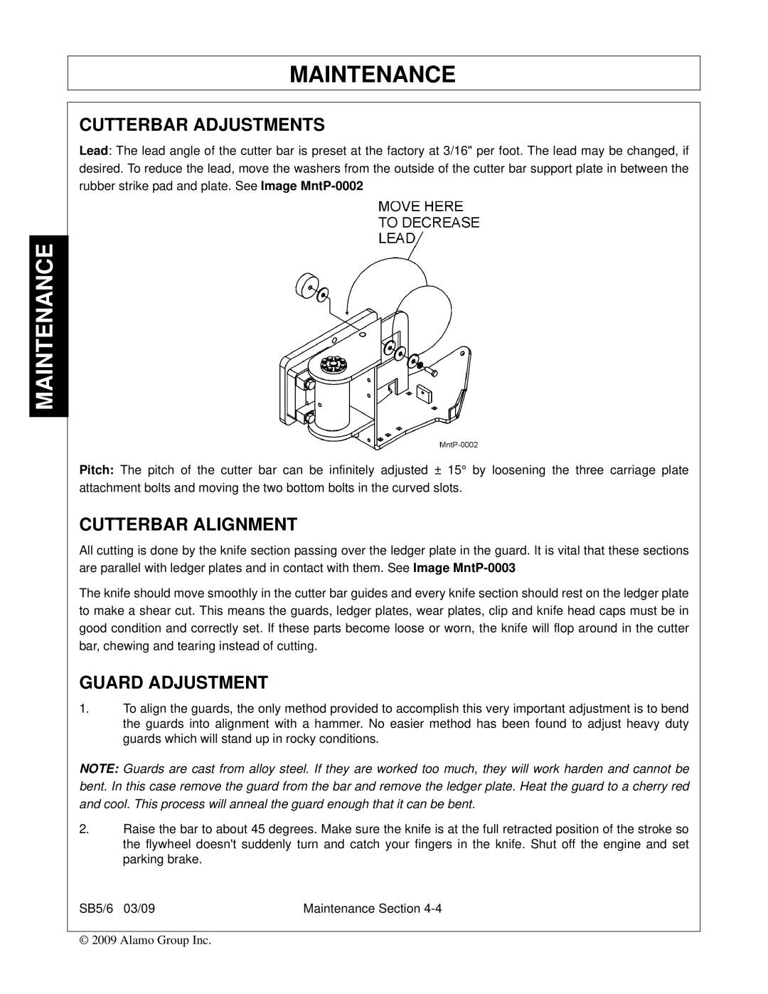 Alamo 6, 5 manual Cutterbar Adjustments, Cutterbar Alignment, Guard Adjustment 