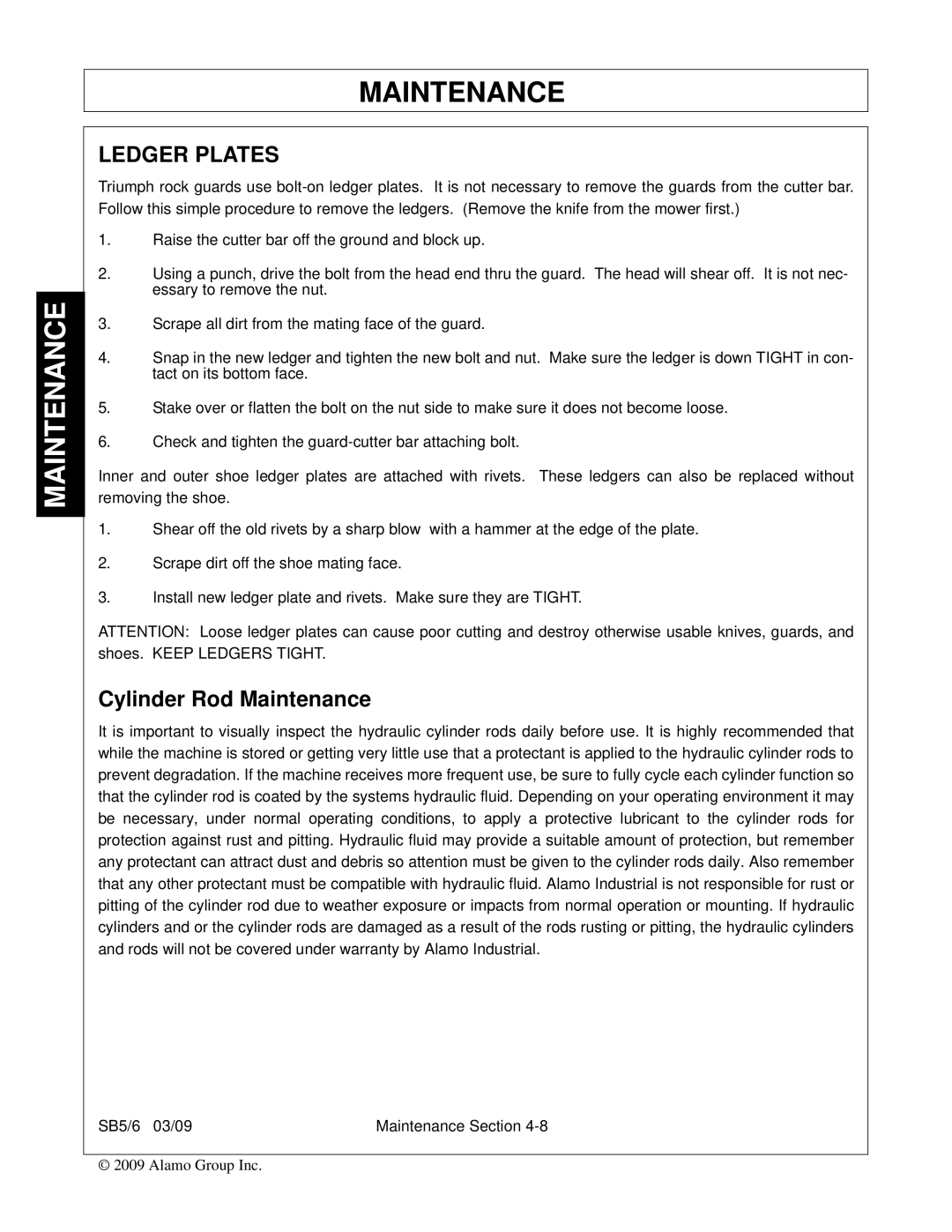 Alamo 6, 5 manual Ledger Plates, Cylinder Rod Maintenance 